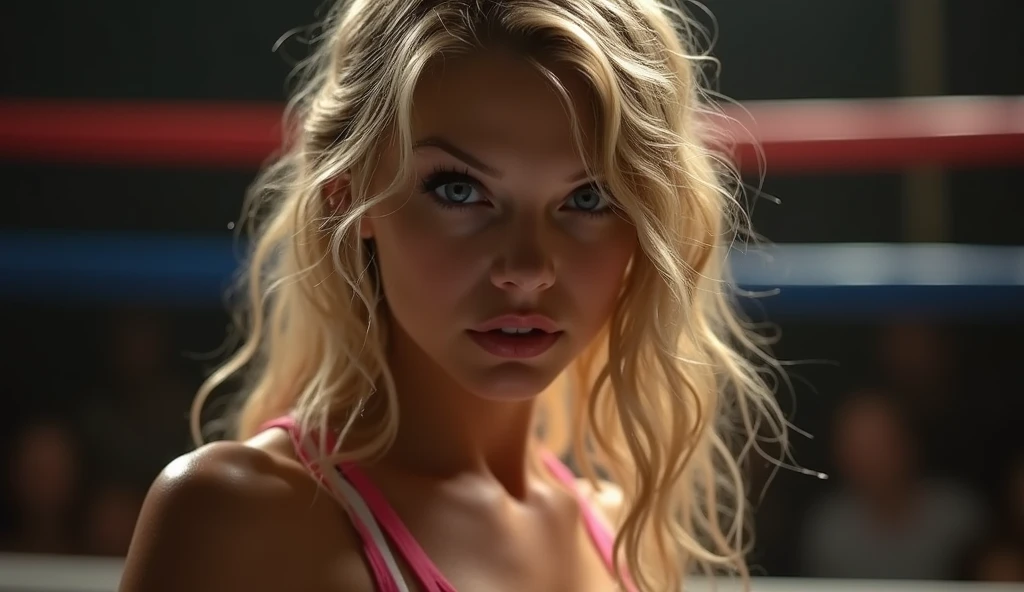 Beautiful woman, Christine Taylor, 30 years old, red bikini, sweaty, bruises, in a pro-wrestling arena after losing a fight