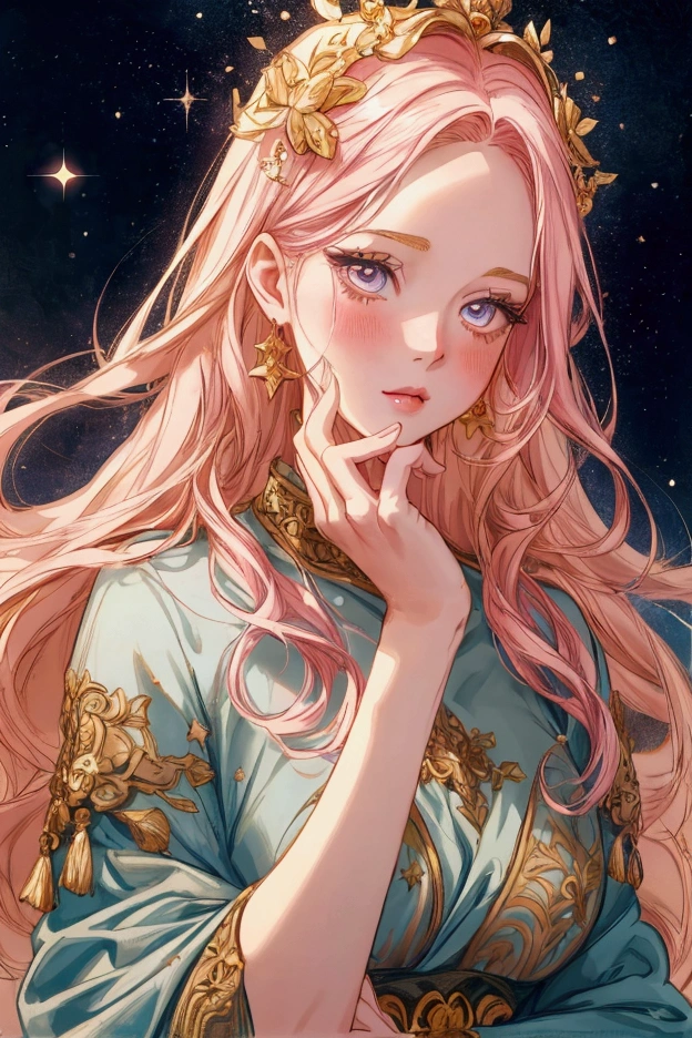 (half body), 1 woman, princess, female saint, long hair, light pink hair, golden eyes, ,beautiful face, Slender legs, round hips, naked, fantasy backdrop, Holy Temple,
