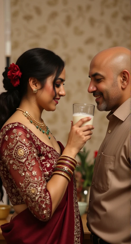 In a sumptuous, traditional indoor setting, the South Asian woman stands near the older man, radiating an aura of irresistible seduction. Dressed in a maroon sari with intricate gold embroidery, the fabric hugs her voluptuous curves, accentuating her thick body and hourglass shape. Every movement she makes is purposeful, drawing attention to her big breasts and wide hips. Her gold jewelry—necklace, bangles, and nose ring—shines with elegance, further enhancing her regal presence.

Her updo hairstyle, adorned with a red flower and gold hairpin, perfectly frames her face, which is defined by bold, smoky eyes and long curled lashes. Her cat-like gaze is both intense and luring, pulling in anyone who dares to meet her eyes. Her lips curl into a teasing smile, playful and provocative, as she slowly lifts a glass of milk to her lips.

As the older man watches, she takes a deliberate sip, her eyes never leaving his. She swirls the milk around in the glass for a moment, savoring the smooth texture, her full lips parting slightly as she drinks, the sensuality of the act amplified by the intimacy of the moment. Her gaze deepens, the air thick with the sensual tension between them, as she leans slightly toward him, offering him a knowing, teasing smile. The milk, white and smooth, contrasts with the deep red of her sari and the gold accents of her jewelry, a visual feast of elegance and indulgence.

With a playful glint in her eye, she places the glass down and encourages him to drink more, though this time her seductive cheering takes on a new intensity, as she herself savors the milk with slow, deliberate movements. Her body language oozes confidence, as if she’s fully in control of the situation, coaxing the older man with both her charm and her actions.

The older man, dressed in a light brown shirt, remains captivated, his hand still resting on her shoulder, but his focus is entirely on her. The room is bathed in warm lighting, and the ornate wallpaper with subtle beige a