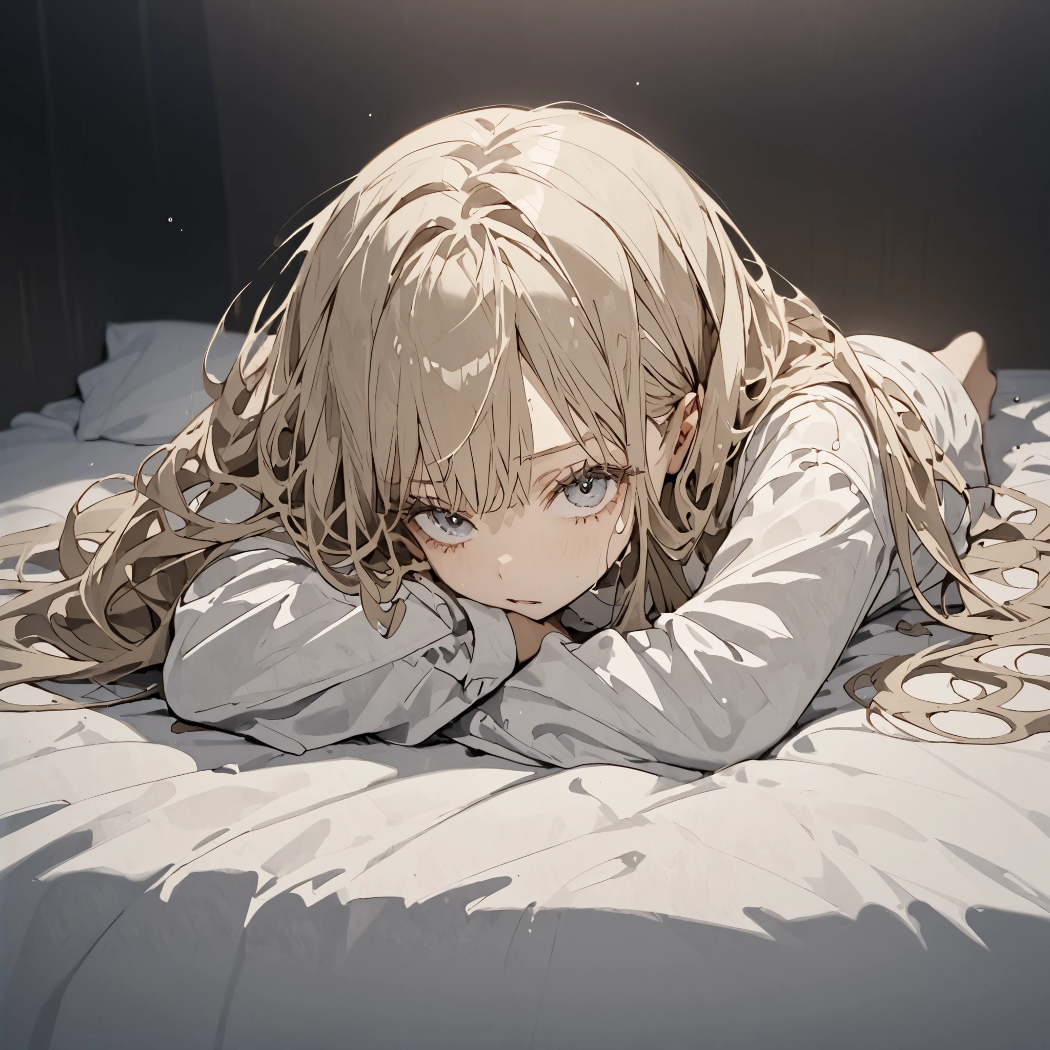 Master piece, High resolution, 1girl, solo, lazy cute woman, fluffy beige long hair, tucking hair on the top,  beige eyes, oversized white shirt, wetty, shameful face, full body, sweaty, dark room, lying on the bed, real body, winter, pale color, 90’s,