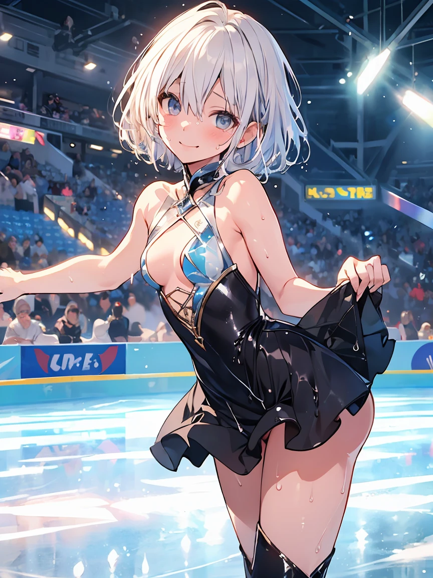 (NSFW:1.2) 、 sexy、  dynamic angle  、  Details、Perfect body、 Detailsな指先、 smile、Star,（  small breasts ) ,  Silver Short Hair 、(( Detailsな膣))、 white dress、(((sweat)))、((( Wet )))、(( figure skating))、( skating rink)、((Ice show ))、((A large number of people))、((dynamic、Powerful Movement))、((Ice dancing))、(((Standing、 raise their legs)))、((Focus on the vagina))