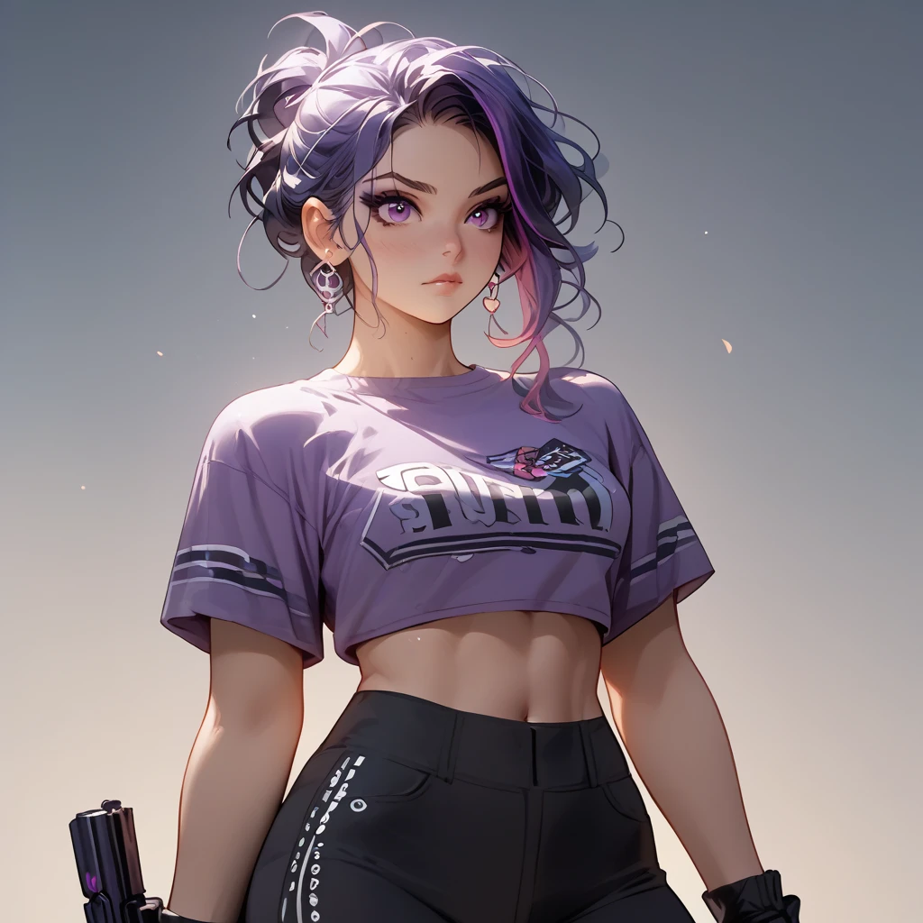 "Stylized cartoon illustration of a confident, modern female character with exaggerated proportions. She has long, thin legs, wears black leggings and a cropped purple top with short sleeves, exposing her midriff. The character's hair is styled in a large, shiny purple updo, adding personality. She holds a small, futuristic blue-metallic handgun in her right hand and wears black fingerless gloves. The background is minimalistic, with a soft pink gradient and a subtle shadow cast by the figure. The lighting emphasizes reflective highlights on her hair and clothing, giving the art depth and a polished aesthetic."
