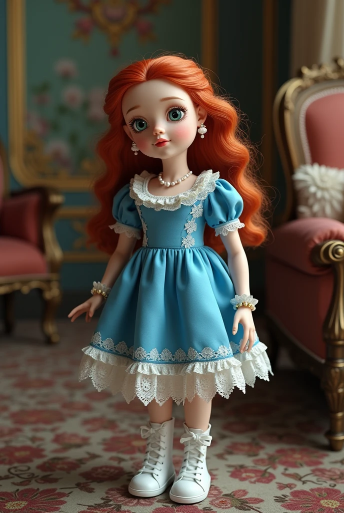 Girl doll with blue curly hair and porcelain head.., large expressive eyes, species, pretty face, beautiful elegant dress of a smart and well-mannered girl, wearing elegant shoes, lace, girl doll described in detail., High detail, whole body, full pose