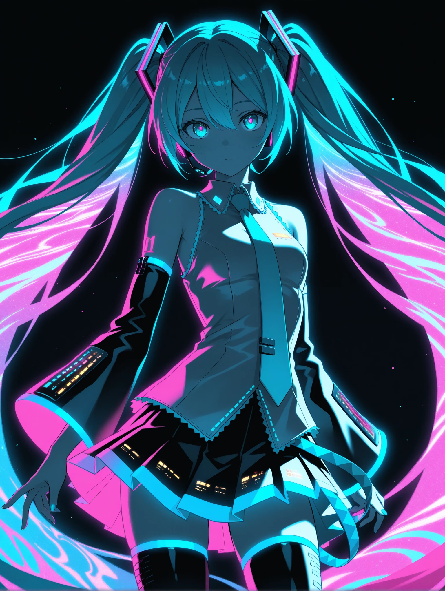 Hatsune Miku,limited palette,black background,colorful,vibrant,glowing outline,neon,blacklight,looking at viewer, masterpiece, very aesthetic
 ,masterpiece,best quality,newest,