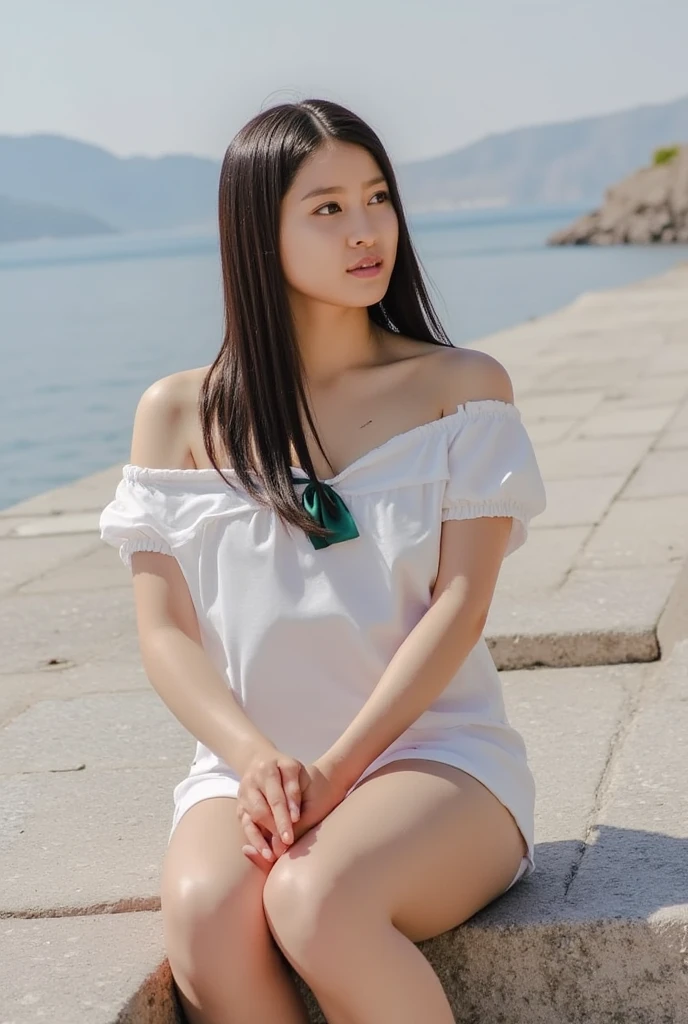  only one woman with a cute smile is cute, Fluffy off-the-shoulder,  Looking above my collarbone 、  background is seaside 、Completely naked、Nipples、 white panties 、Excessive pubic hair、小さなNipples、Small pubic area

