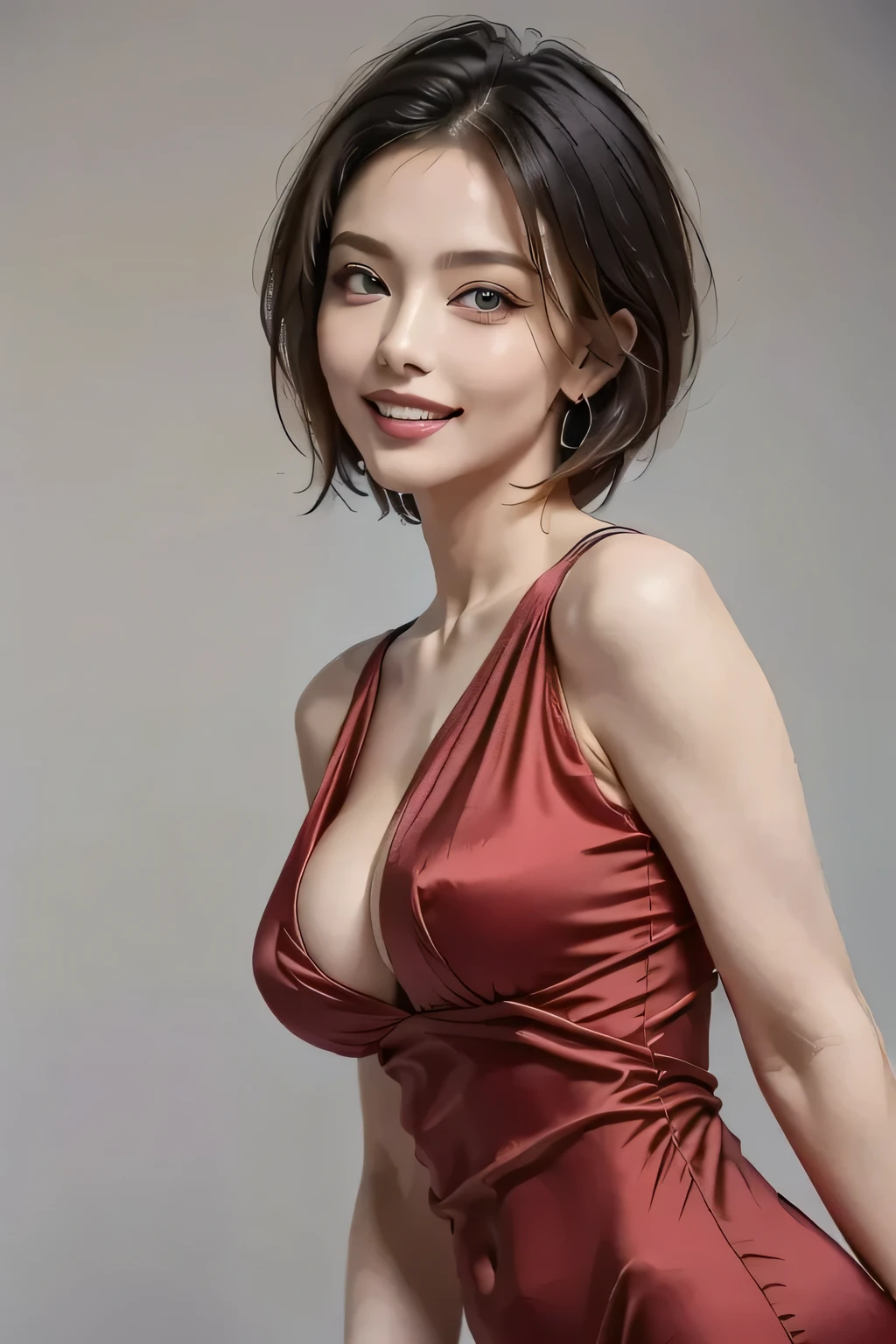 (1.  Beauty ,  Supermodel ), (perfect anatomy),  anatomically correct body shape, ( Cowboy Shots), Golden Ratio, ( best quality:1.4), 32k resolution, (Realistic:1.5), (超Realistic:1.5), High resolution UHD, (masterpiece:1.2)), ( best quality:1.4), ( very beautiful face details ), (Grin), ( best qualityのRealisticな肌のテクスチャ), ((Red silk dress detailed with black thread:1.37)),  large earrings ,  Necklaces , (Big Breasts:1.3),  Very detailed,   beautiful eyes ,  double eyelid,  eyelash , Shaping your eyebrows, (( Very detailed)),  red cheeks , Ultra-realistic eyes, Perfect Lips,  perfect eyes,  Full rainbow,   natural makeup, [Pink lipstick], (( best qualityの  beautiful eyes :1.2)), ( beautiful lips:1.33), (Great nose:1.2), ( brunette pixie cut), ((Realistic)), (( sharp concentration)), ( highest resolution), ((The most ridiculous quality)), ((masterpiece)),  professional cinema lighting