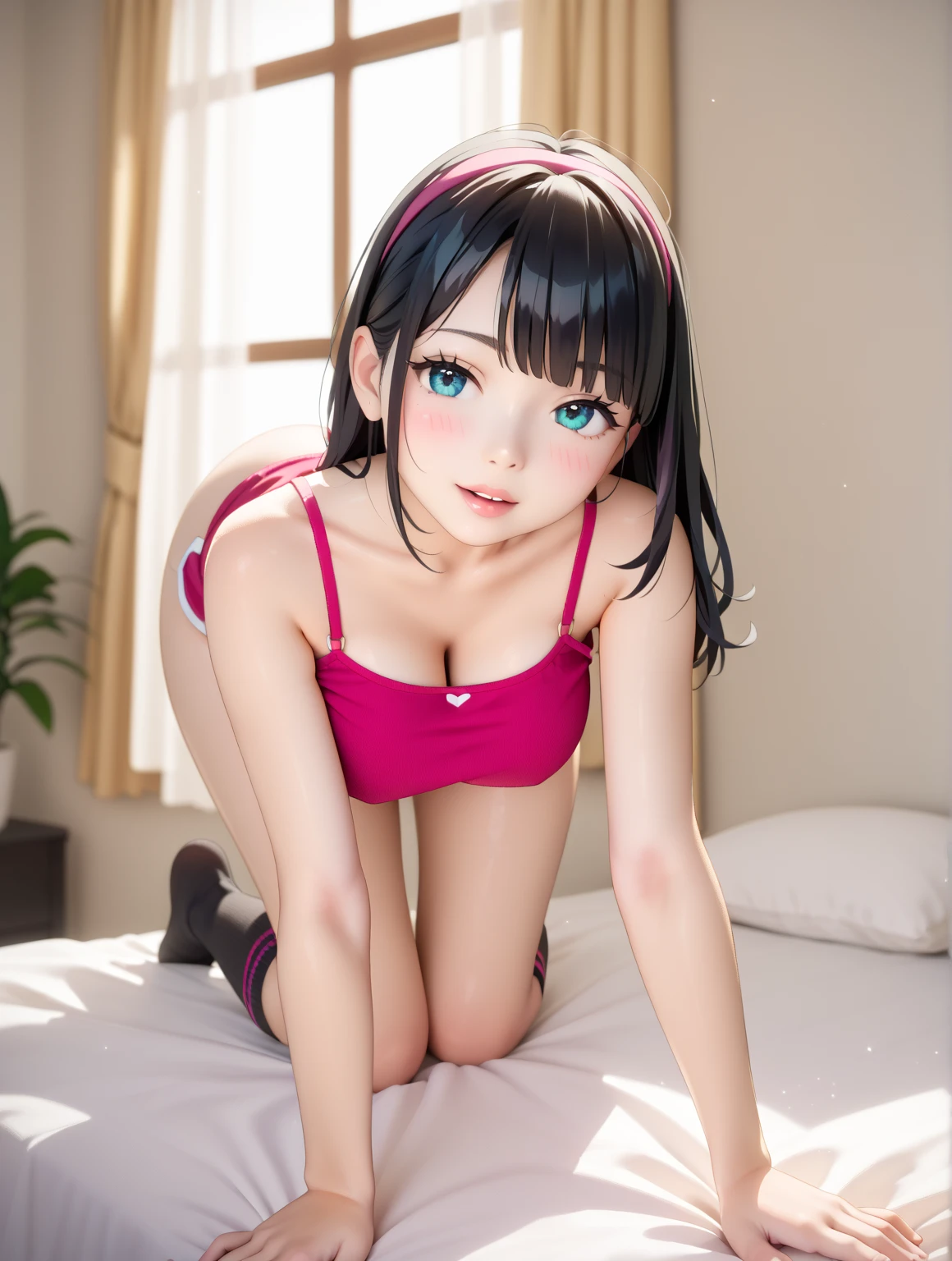   best quality ,    beautiful detailed background    ,  Film Lighting ,  cute face， baby face、Big Breasts、 young girl、、Old body、  camisole 、  black hair 、  knee-high socks、 on all fours、 Had、 Show your ass 、 please point your butt towards the viewer