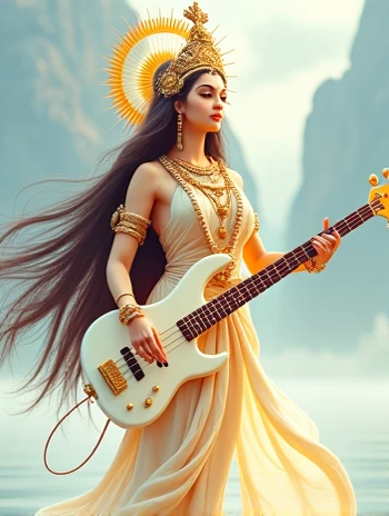 Uma imagem radiante de Apolo, The God of Light and Music, iluminando a paisagem com seu esplendor. He's playing a golden lyre., while rays of sunshine pierce through the clouds and bathe the scenery with a golden light. Flowers and birds accompany its heavenly melody, criando uma atmosfera harmoniosa.