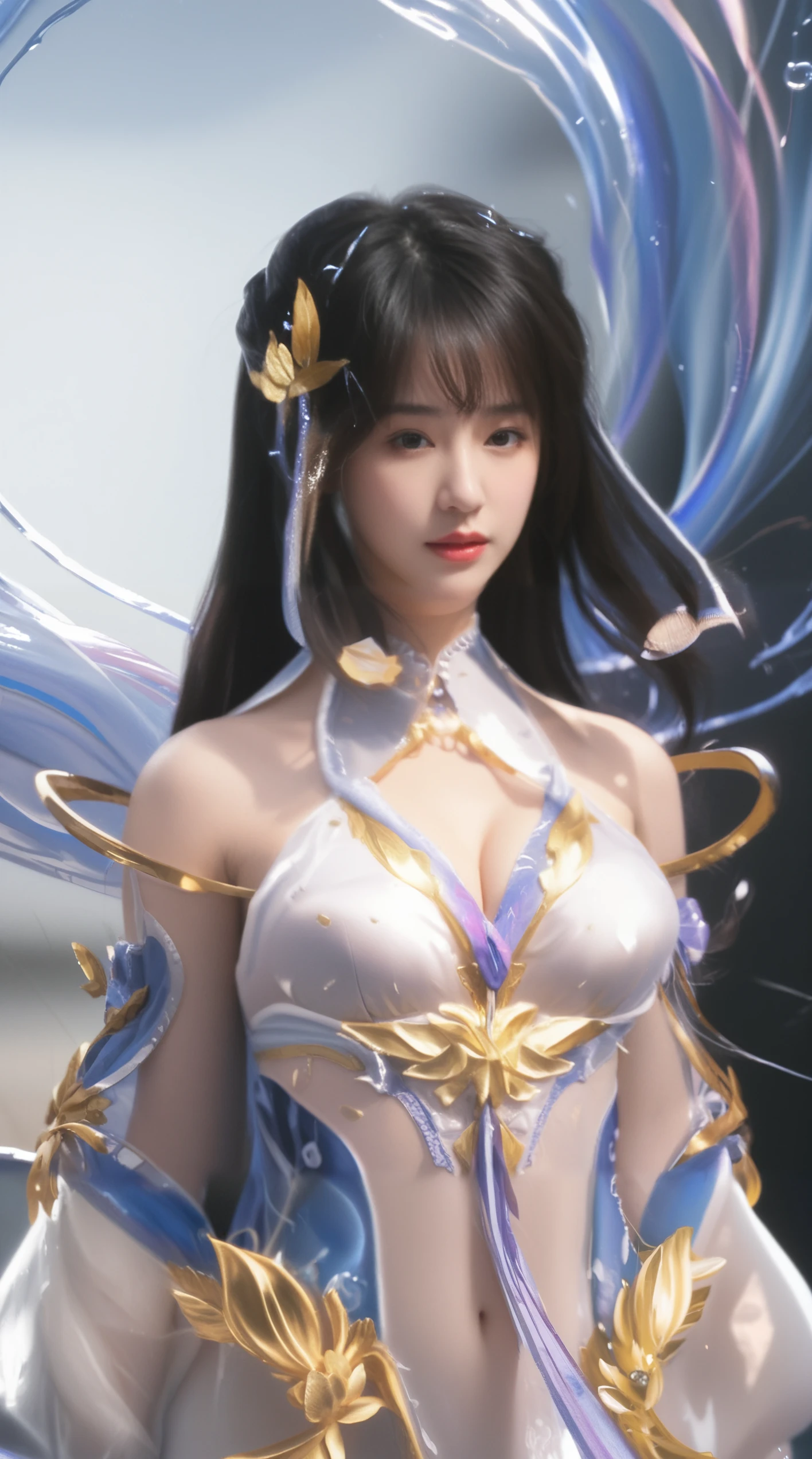 (8k, RAW photo, photorealistic:1.25) ,( lipgloss, eyelashes, gloss-face, glossy skin, best quality, ultra highres, depth of field, chromatic aberration, caustics, Broad lighting, natural shading, Kpop idol) looking at the audience With serenity and goddess-like bliss,