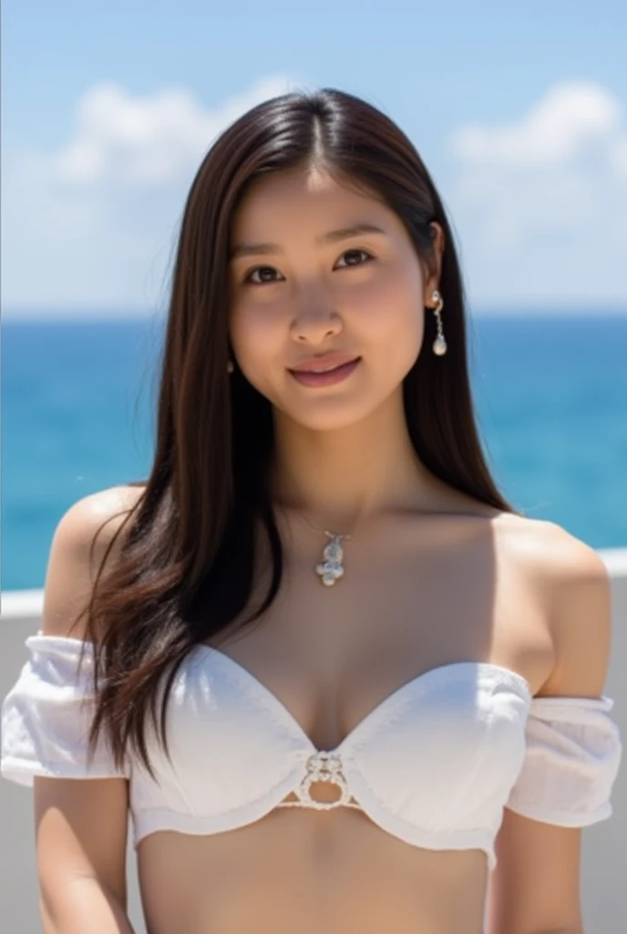  only one woman with a cute smile is cute, Fluffy off-the-shoulder,  Looking above my collarbone 、  background is seaside 、Completely naked、Nipples、 white panties 、Excessive pubic hair、小さなNipples、Small pubic area、 full body shot

