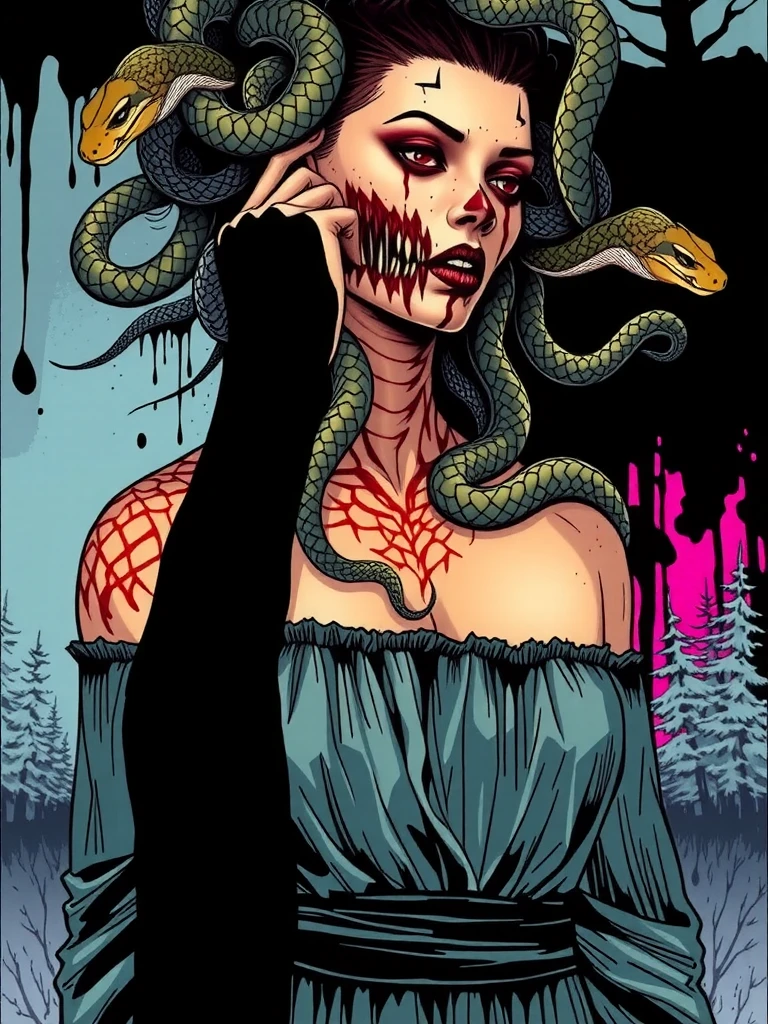An expressive over the shoulder unfinished cartoon sketch featuring a hairless figure Medusa in a maxi dress. MEDUSA has snakes on their head with accurate snake bodies, snake scales, and a snake tail rattle. The drawing includes ornate corpsepaint blackmetal facepaint, resembling Grace Jones. The style blends the art aesthetics of Sean Gordon Murphy and Joelle Jones with a rough sketch charcoal art style. The sketch shows rough-draft pencil lines underneath with bold lines over a rough-sketch inking, using an ink and charcoal blend. The scene is set in the pine barrens with sparse trees, emphasizing a candid, sorrowful expression. The sketch uses angular and expressive lines in an incomplete, unfinished style, evoking a sense of decay. Colors include red, yellow, and blue (RYB coloring), (sfw), clothed. --no polished --no clean --no detailed --no smooth --no refined
