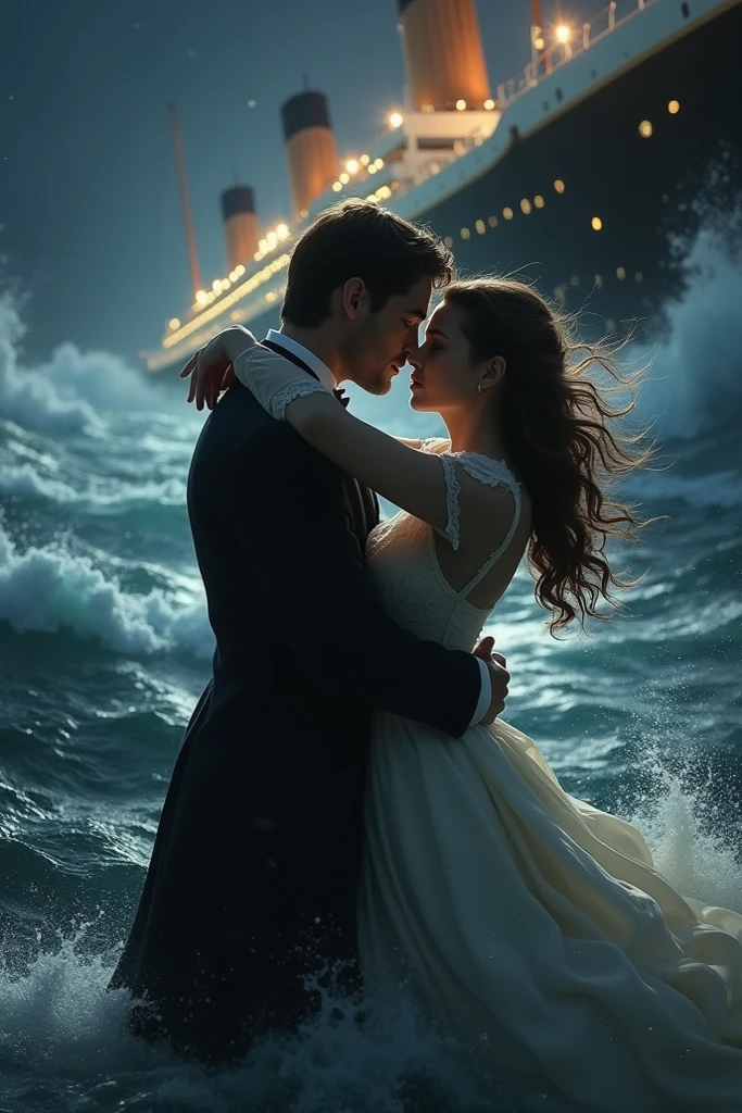 Young woman hugging sailor man while walking on ship in rain on dark night