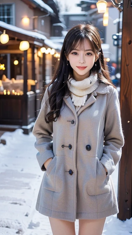 (Wore a winter uniform and scarf coat、 Close-up portrait of a girl with long hair and dull bangs:1.5)、(one person*** wearing a winter uniform and scarf coat spreads her arms and has a shy smile :1.5)、Age 25、( Christmas decorations on a street corner on a snowy winter night :1.5)、(perfect anatomy:1.3)、( completely up to your fingertips :1.3)、Photographically、photo shoot、masterpiece、top-quality、 high definition , Delicate and beautiful、 perfect face、 Beautiful detailed eyes 、 white skin、 Real Human Skin、pores、((Thin legs))、( dark haired)、  realism, 8k full body portrait,  Beautiful Women,  attractive expression, 20 years old, Tokyo Eight Cities , Winters, Shibuya Background,   Fantasia de Cena de Inverno  ,  Senior Artist ,  Santa Claus's Workshop , , ,  A Snowy Winter Christmas Eve ,, City Hut ,  beautiful artist rendering, !!beautiful!!,  Thomas Kinkade 

