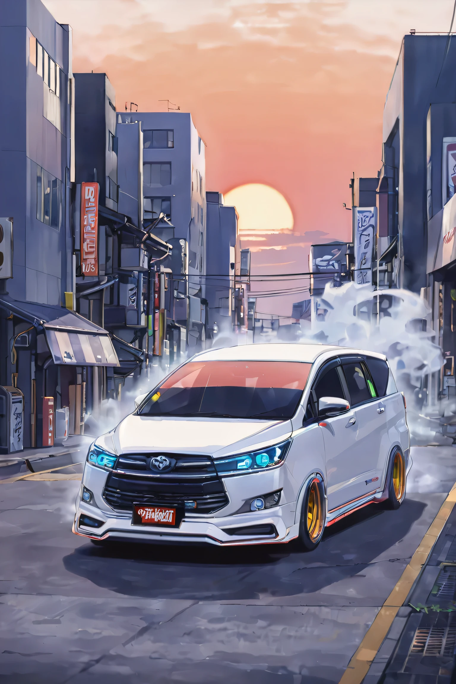 realistic, white Toyota Innova Reborn TRD,cinematic,
cyberpunk (((retro zeekars))) (with glowing rims), glowing eyes, drift,smoke tires, sunset in japan, two tone color