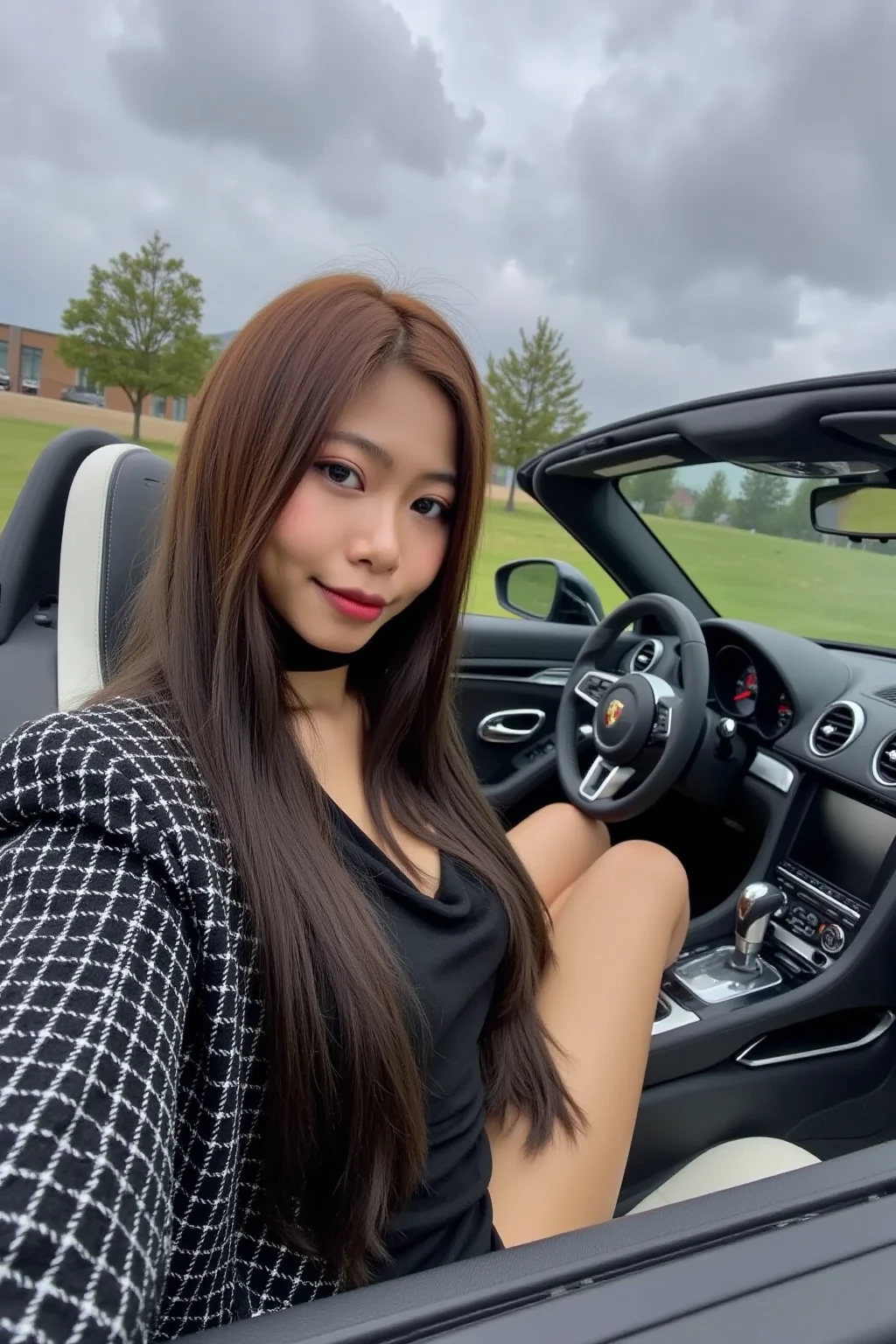 POV selfie. Big . Wearing high-end fashion brand clothing. Sitting in the driver's seat of a convertible Porsche 718. At the entrance of a luxury villa area.