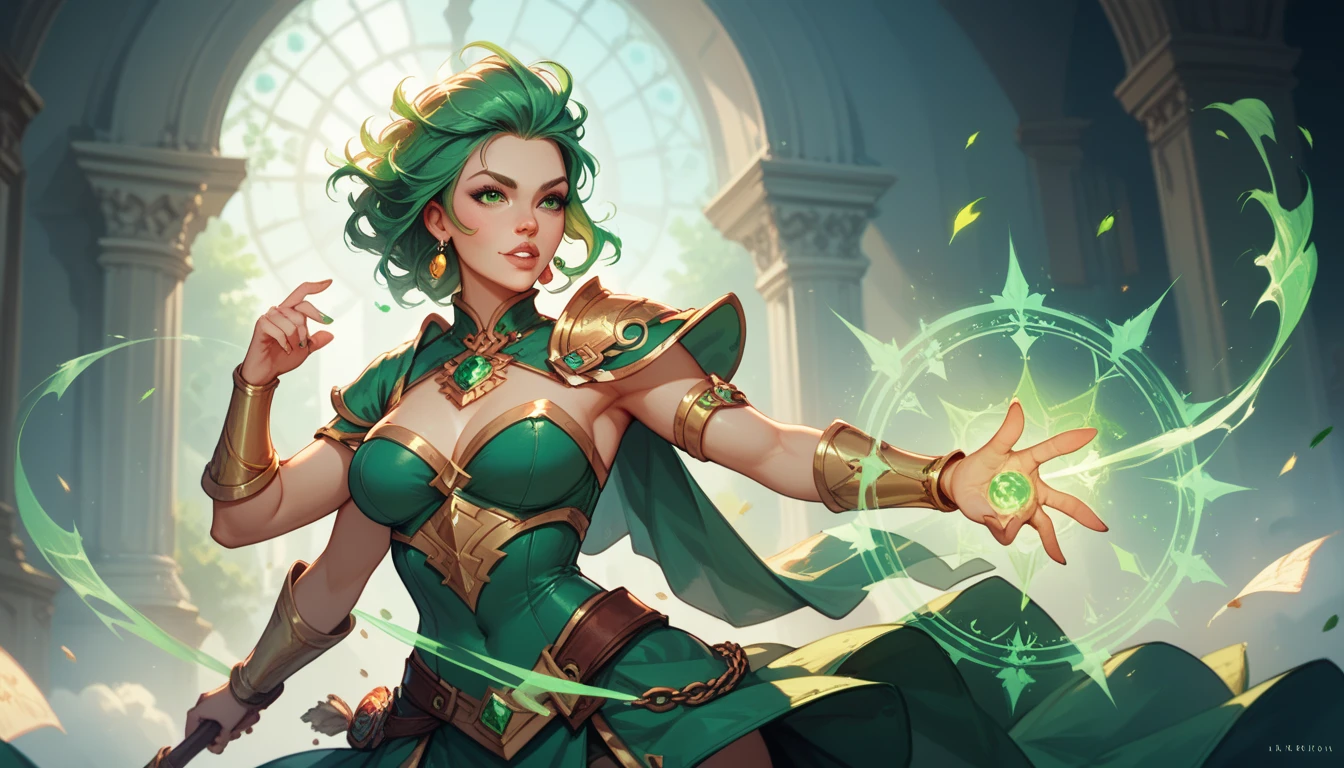 A powerful spell to create a magical barrier of protection, a woman using green magic to summon a magical shield perfect for a fantasy world.