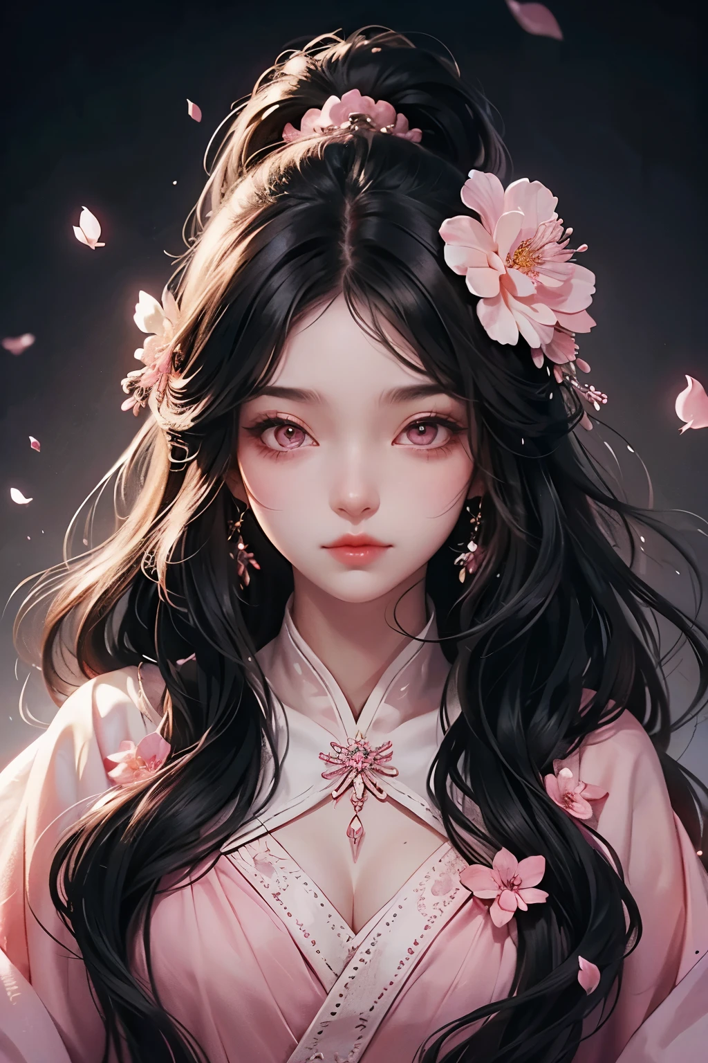 a woman，Black wavy hair and pink eyes, blush, eye shadow, cute face，long hair,Flowers in the hair, ethereal beauty，Look head-on at the audience，