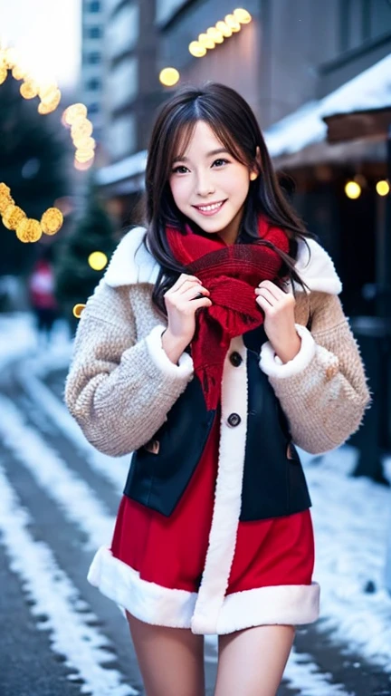 (Wore a winter uniform and scarf coat、 Close-up portrait of a girl with long hair and dull bangs:1.5)、(one person*** wearing a winter uniform and scarf coat spreads her arms and has a shy smile :1.5)、Age 25、( Christmas decorations on a street corner on a snowy winter night :1.5)、(perfect anatomy:1.3)、( completely up to your fingertips :1.3)、Photographically、photo shoot、masterpiece、top-quality、 high definition , Delicate and beautiful、 perfect face、 Beautiful detailed eyes 、 white skin、 Real Human Skin、pores、((Thin legs))、( dark haired)、  realism, 8k full body portrait,  Beautiful Women,  attractive expression, 20 years old, Tokyo Eight Cities , Winters, Shibuya Background,   Fantasia de Cena de Inverno  ,  Senior Artist ,  Santa Claus's Workshop , , ,  A Snowy Winter Christmas Eve ,, City Hut ,  beautiful artist rendering, !!beautiful!!,  Thomas Kinkade 

