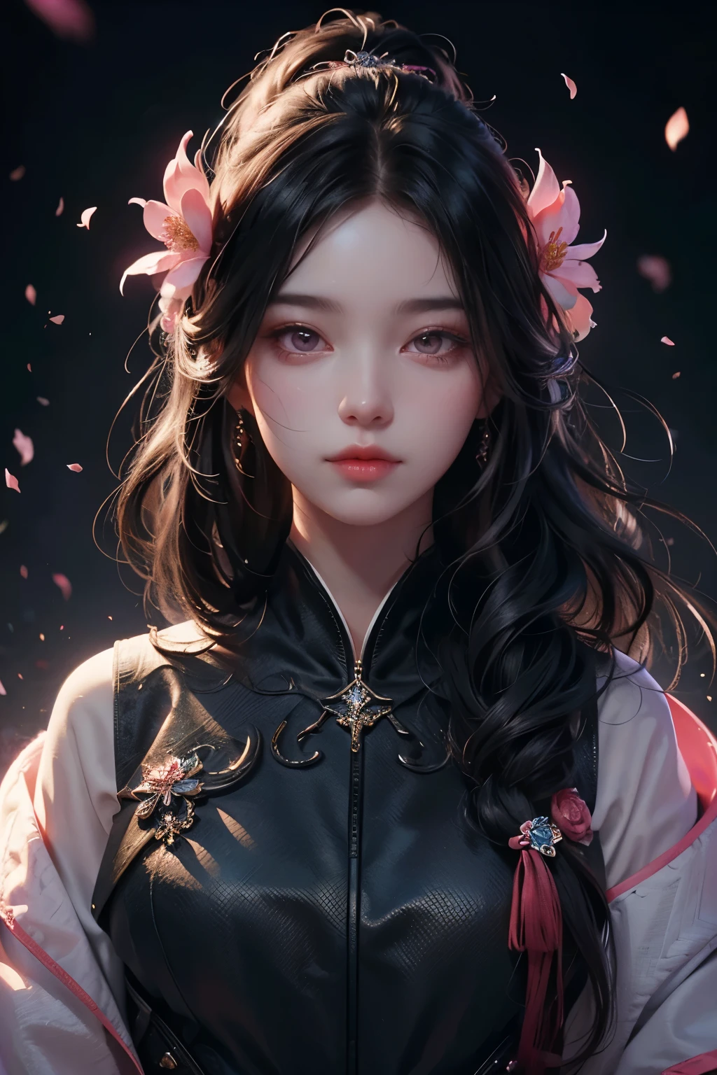 a woman, black wavy hair, pink eyes, blush, eye shadow, cute face, long hair, flowers in the hair, ethereal beauty, looking directly at the audience, (best quality, 4k, 8k, highres, masterpiece:1.2), ultra-detailed, (realistic, photorealistic, photo-realistic:1.37), HDR, UHD, studio lighting, ultra-fine painting, sharp focus, physically-based rendering, extreme detail description, professional, vivid colors, bokeh, portrait