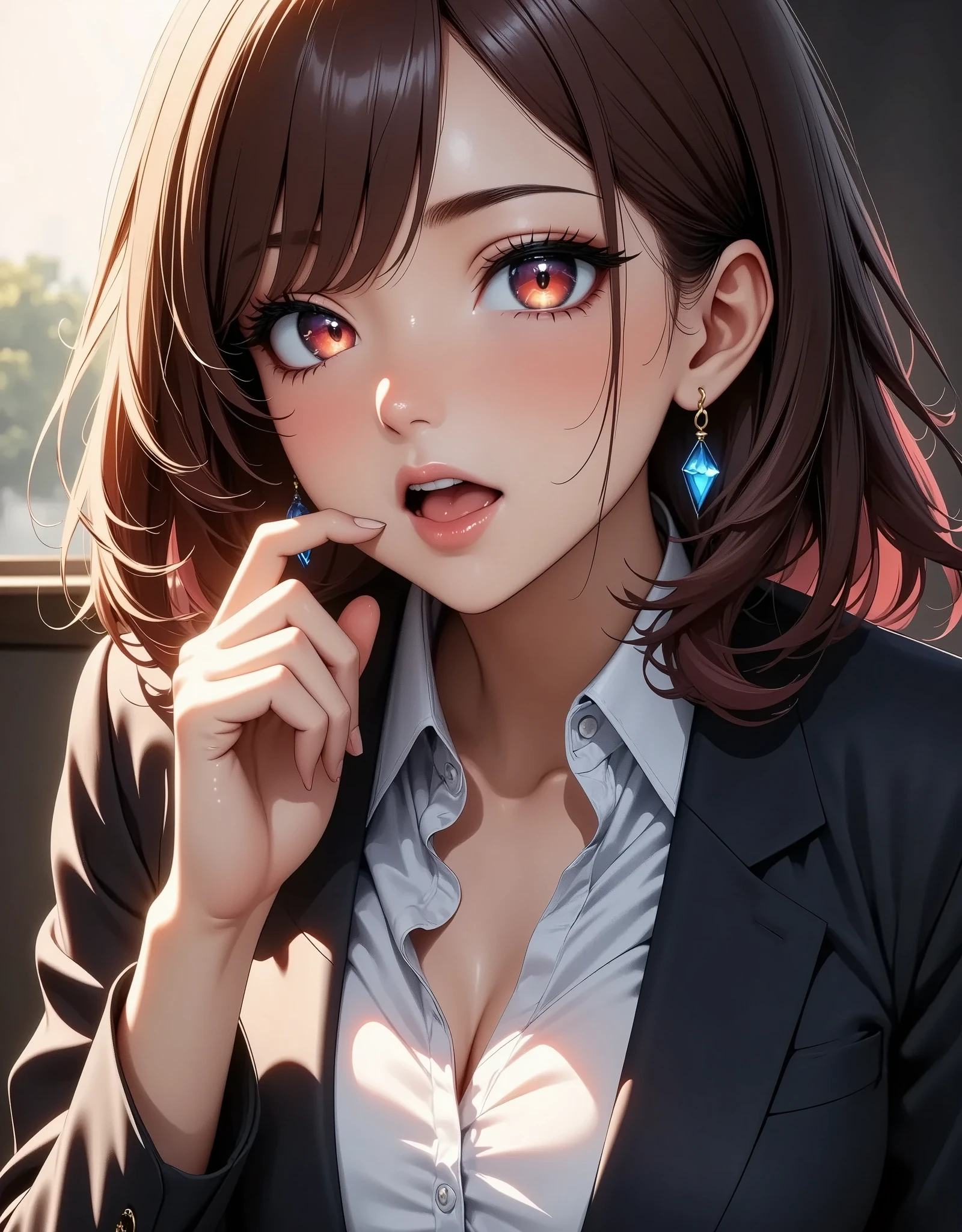 1 woman in a business suit, (( Face Closeup :1.6, mouth on the palm of your hand, drool , Obscene oral depiction)), BEAUTIFUL AND DETAILED EYES , Beautifully Detailed Lips , highly detailed eyes and face with legs wide open, long eyelashes , (( black suit:1.4)), Office environment , Chiaroscuro, ( best quality, 4K, 8k, high definition , masterpiece:1.2), super detailed, ( Anime Style , CG illustration art), digital art , concept art .