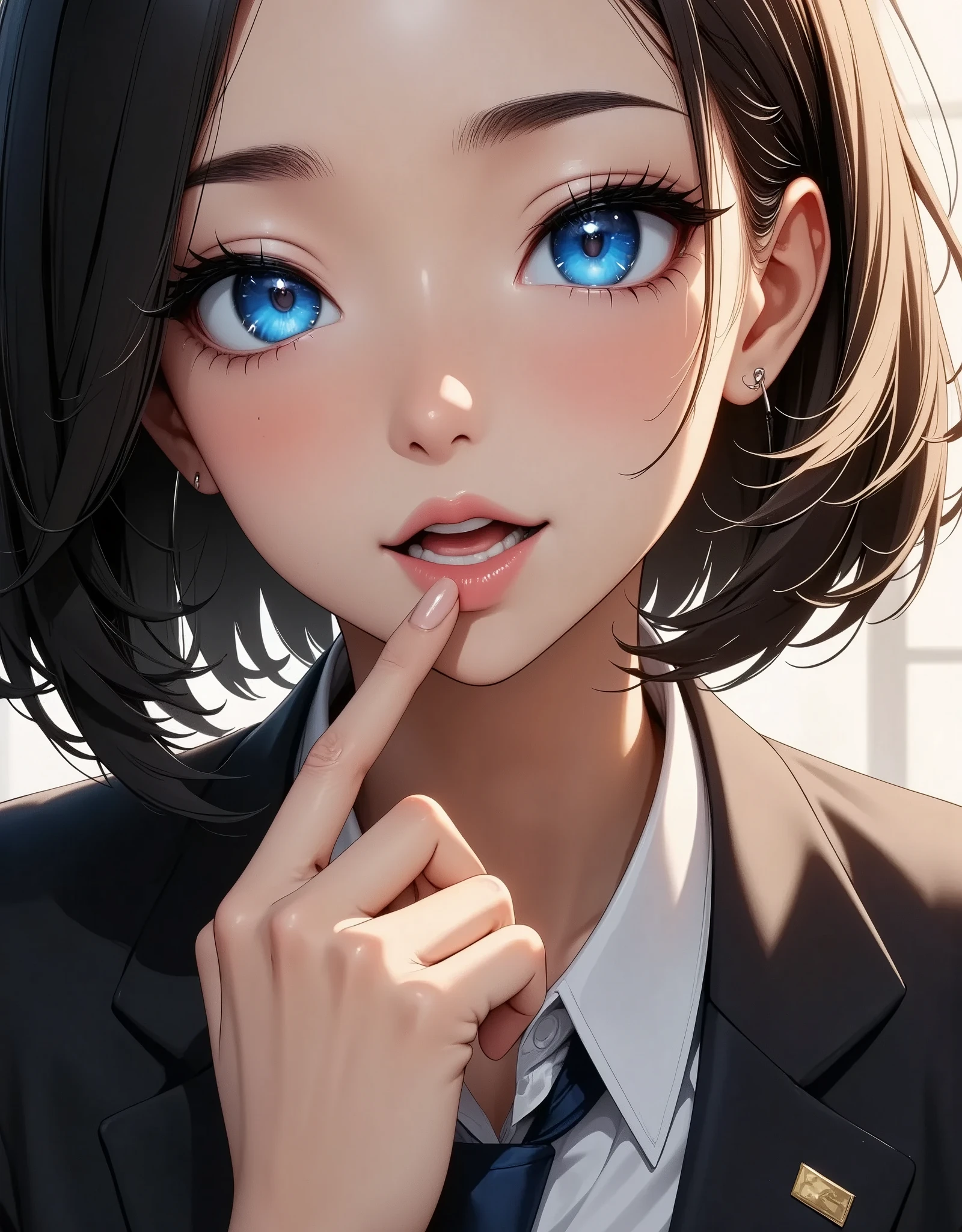 1 woman in a business suit, (( Face Closeup :1.6, mouth on the palm of your hand, fellatio gesture, Obscene oral depiction)), BEAUTIFUL AND DETAILED EYES , Beautifully Detailed Lips , highly detailed eyes and face with legs wide open, long eyelashes , (( black suit:1.4)), Office environment , Chiaroscuro, ( best quality, 4K, 8k, high definition , masterpiece:1.2), super detailed, ( Anime Style , CG illustration art), digital art , concept art .