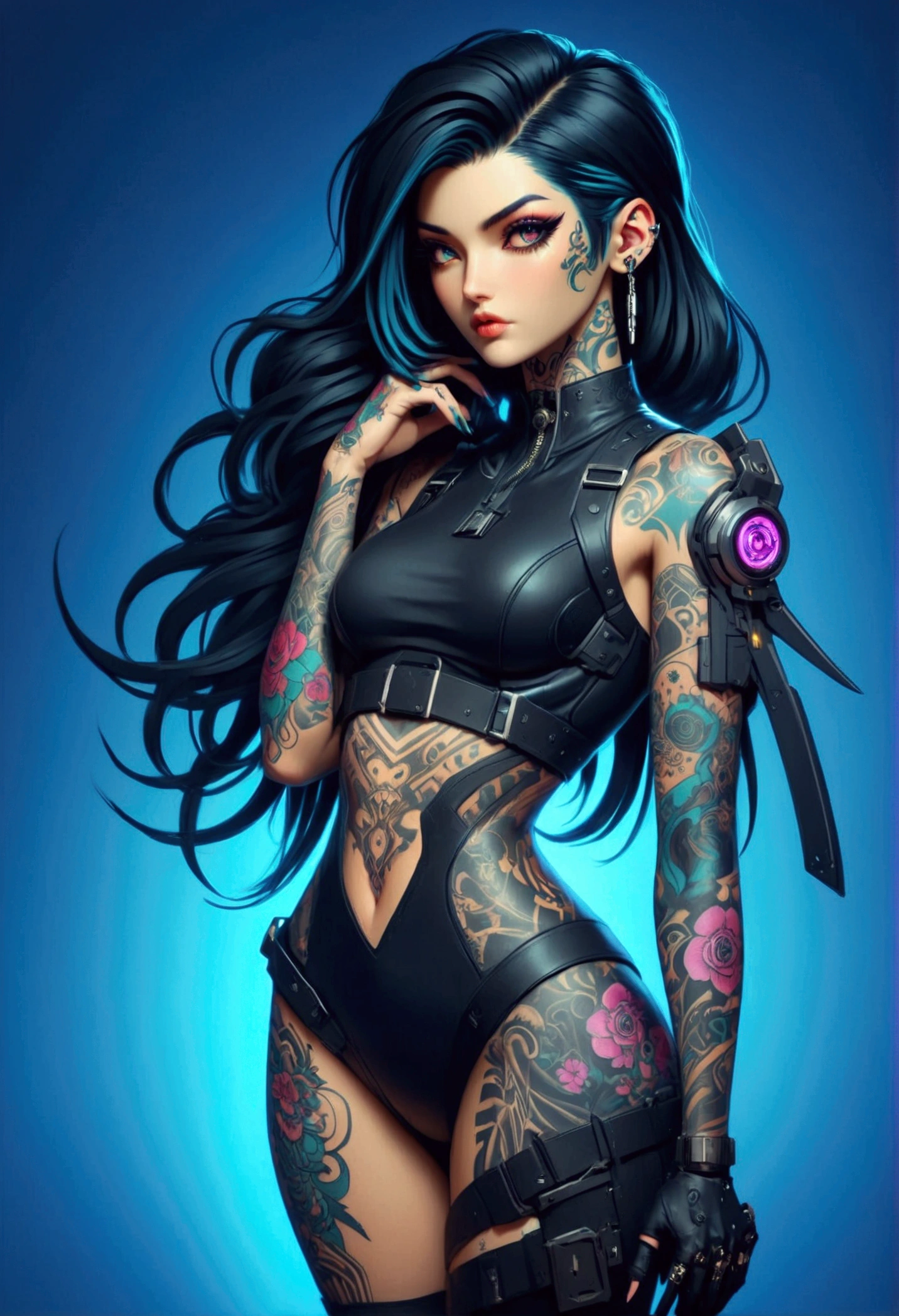 a fullbody view of a woman with tattoos on her body, seductive cyberpunk dark fantasy, ornamental gothic - cyberpunk, cyberpunk art style, advanced digital cyberpunk art, cyberpunk art, cyberpunk themed art, cyberpunk vibrant colors, digital cyberpunk - anime art, cyberpunk style color, cyberpunk dark fantasy art, jet black haired cyberpunk girl, cyberpunk artstyle, dreamy cyberpunk girl, cyberpunk beautiful girl