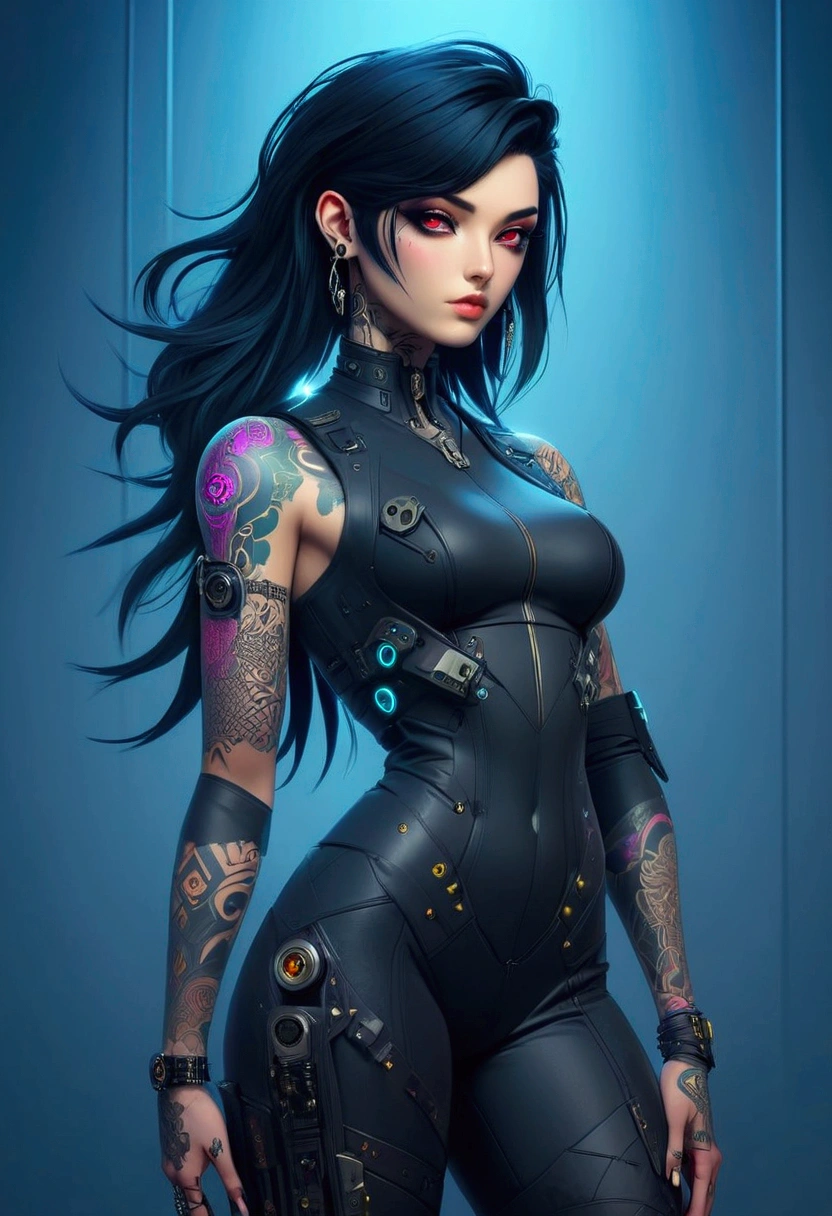 a fullbody view of a woman with tattoos on her body, seductive cyberpunk dark fantasy, ornamental gothic - cyberpunk, cyberpunk art style, advanced digital cyberpunk art, cyberpunk art, cyberpunk themed art, cyberpunk vibrant colors, digital cyberpunk - anime art, cyberpunk style color, cyberpunk dark fantasy art, jet black haired cyberpunk girl, cyberpunk artstyle, dreamy cyberpunk girl, cyberpunk beautiful girl