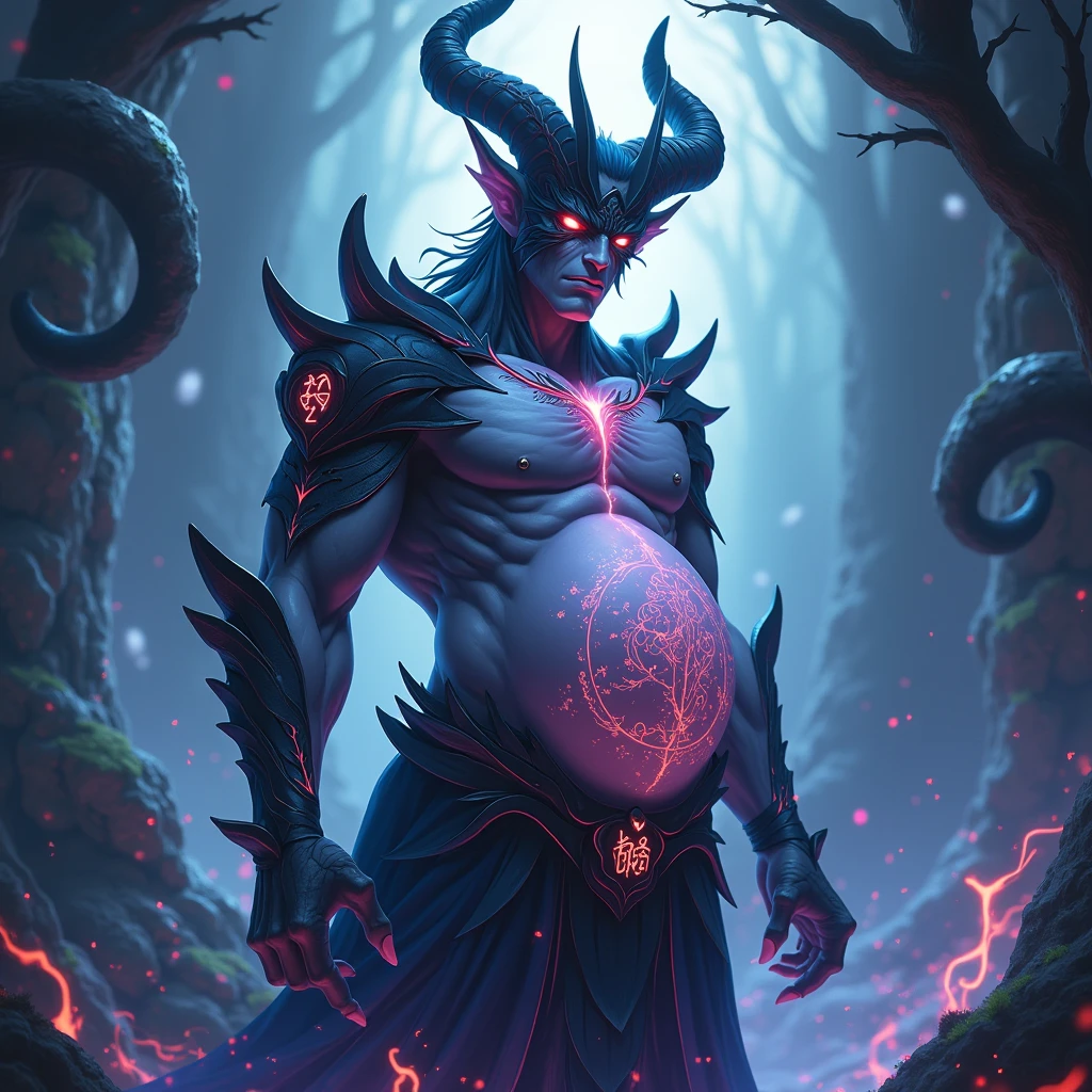 ((Demon)) ((Male)) ((Skull head.)) ((black fur, teal sigils on body, teal pentagrams on body)), (chest hair, teal glowing eyes, horns and claws, large, big, giant, macro, overweight, very fat, very big belly, belly, giant belly, massive belly, bloated belly, bulging belly, vore, gurgling belly.) Lazy, dad, daddy, dilf, bara, adult, aroused. Laying down spreading legs, relaxed, burping. naked. Dark cave, ruins, big belly, teal lights, pool