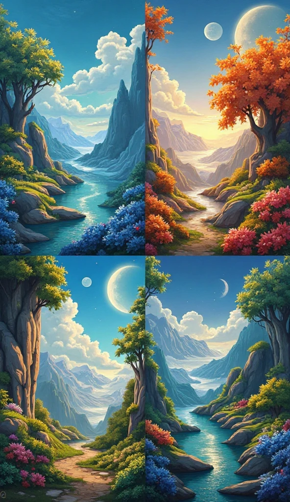 4 quadrants. 4 paintings.
spring, summer, autumn, winter, fantasy art
qdrltyCE style