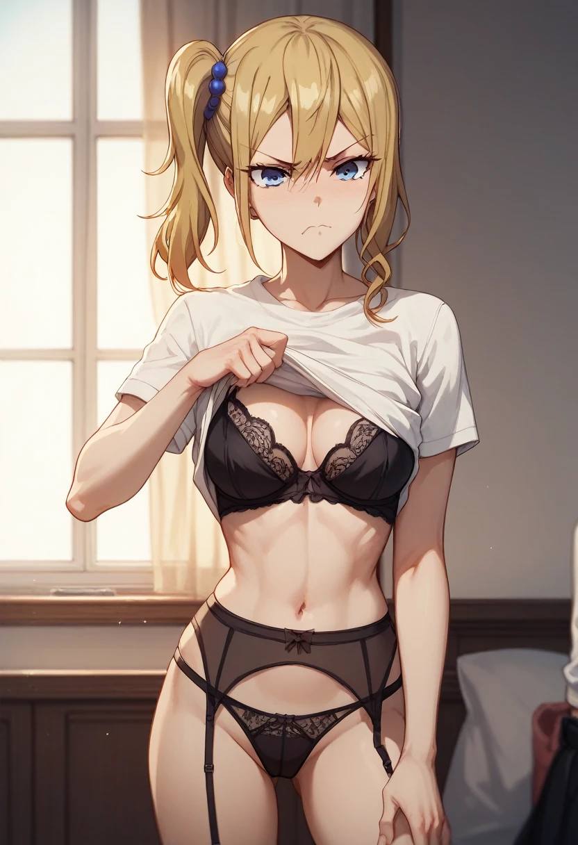 masterpiece, best quality, Itsumi Erika, 1girl, ashen blonde hair, blue eyes, solo, medium breasts, naked body, black skirt, sexy black underwear, black bra, standing frontally, pov, looking at viewer, whole body can be seen, expressionless, indoors, locker room, detailed hands, five fingers