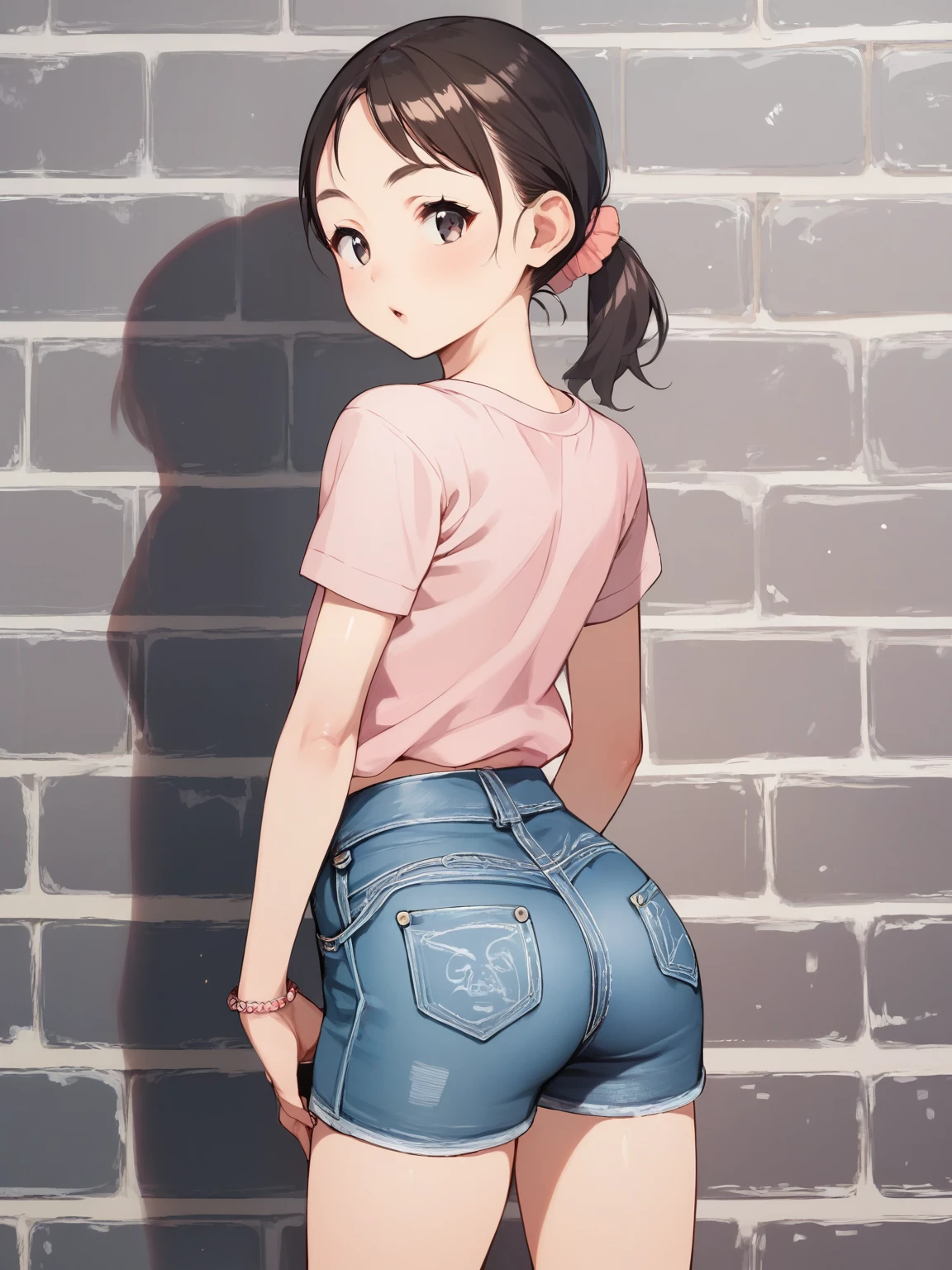   score_9,   score_8_up,   score_7_up,   score_6_up,   score_5_up,   score_4_up,Anime BREAK，nsfw，  best quality，masterpiece，(  detailed background :1.2)， fisheye lens，Make a costume for a very young girl wearing a pink anime shirt， denim miniskirt，，Very short stature，  figure ， flat chested， small ass ， Girl Temptation，