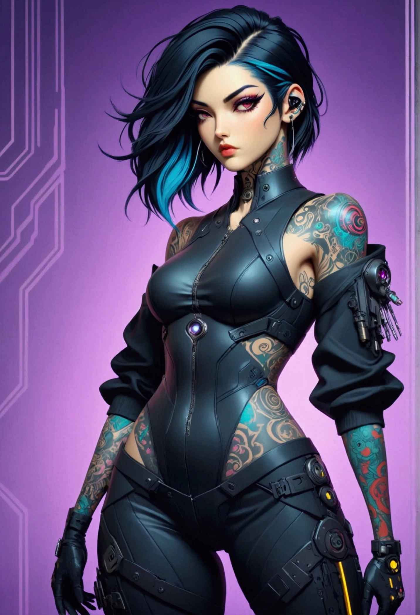 a fullbody view of a woman with tattoos on her body, seductive cyberpunk dark fantasy, ornamental gothic - cyberpunk, cyberpunk art style, advanced digital cyberpunk art, cyberpunk art, cyberpunk themed art, cyberpunk vibrant colors, digital cyberpunk - anime art, cyberpunk style color, cyberpunk dark fantasy art, jet black haired cyberpunk girl, cyberpunk artstyle, dreamy cyberpunk girl, cyberpunk beautiful girl