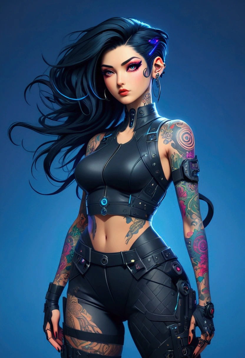 a fullbody view of a woman with tattoos on her body, seductive cyberpunk dark fantasy, ornamental gothic - cyberpunk, cyberpunk art style, advanced digital cyberpunk art, cyberpunk art, cyberpunk themed art, cyberpunk vibrant colors, digital cyberpunk - anime art, cyberpunk style color, cyberpunk dark fantasy art, jet black haired cyberpunk girl, cyberpunk artstyle, dreamy cyberpunk girl, cyberpunk beautiful girl