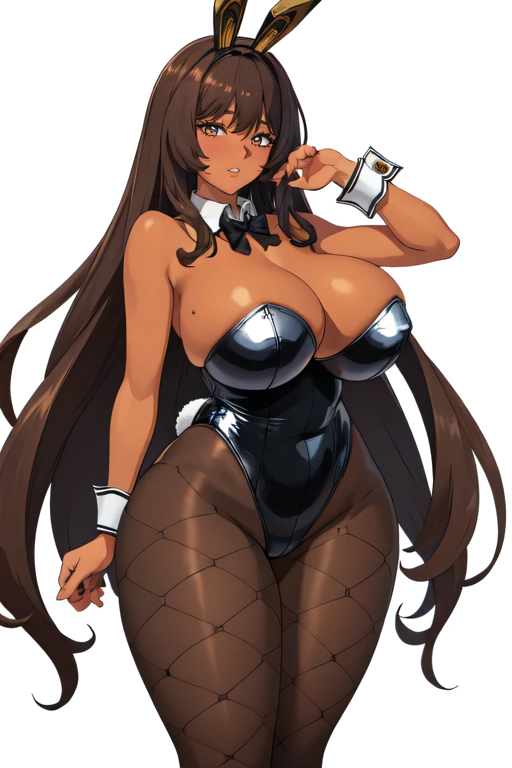 masterpiece, best quality, 1girl, solo, noir, playboy bunny, black leotard, bowtie, detached collar, wrist cuffs, fishnets, fishnet pantyhose, fake animal ears, very long hair, curvy, thick thighs, huge breasts, wide hips, standing, looking at viewer, smile, shy, nose blush, white background, tan