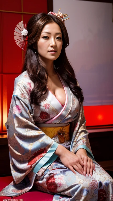 ((masterpiece, photorealistic, highest quality, ultra detailed, ultra high res, 16K)), yuko fueki, actress, japanese, (((super gigantic saggy breasts))), cleavage, plump, curvy, nail polish, (sitting sideways), hair bun, comb, hairpin, hair ornament, ((expensive and glittering kimono, sash)), oiran, sexy, grin, ((background of oiran tatami room at red light district)), (highly detailed realistic body, highly detailed beautiful face, realistic body, realistic face, stunning visuals, perfect anatomy, intricate detail)