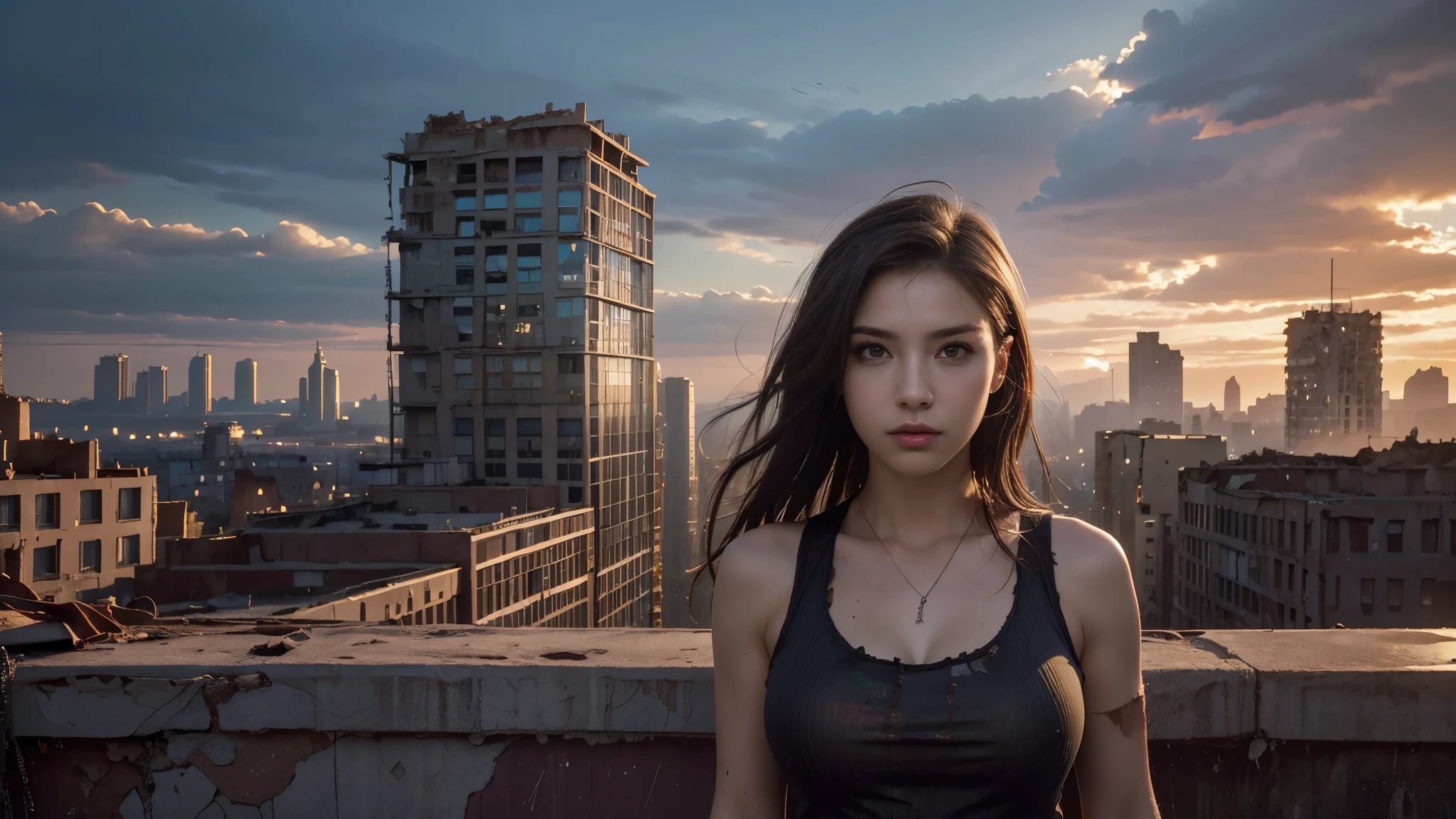 masterpiece, high res,8K,(Portrait Photos:1.5),(R Original Photo),Reality,Digital Photography,(Apocalyptic ruins ),City ruins，beautiful 20 year old woman，sentry， post-apocalyptic scene，Medium distance photography， broken clothes