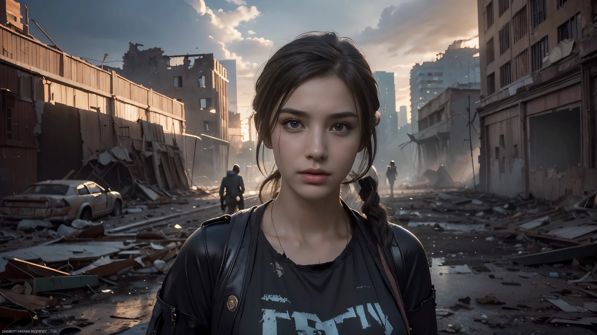 masterpiece, high res,8K,(Portrait Photos:1.5),(R Original Photo),Reality,Digital Photography,(Apocalyptic ruins ),City ruins，beautiful 20 year old woman，sentry， post-apocalyptic scene，Close-range photography， broken clothes