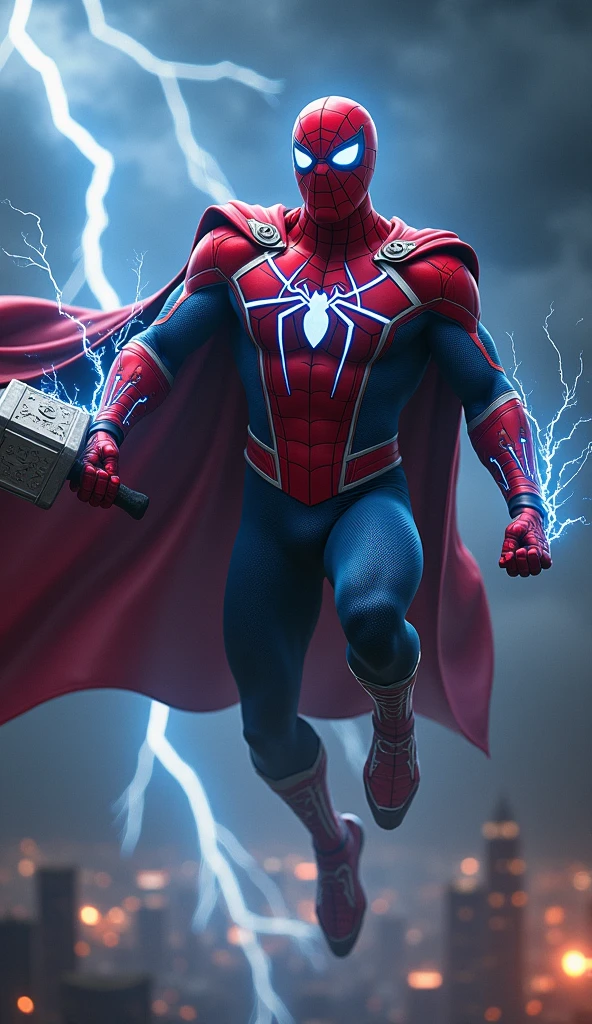 a highly detailed 2D illustration of Spiderman wearing Thor's attire, standing on a roadside, hyperrealistic, cinematic lighting, vibrant colors, intricate details, dramatic pose, muscular physique, glowing Mjolnir hammer, billowing cape, cinematic perspective, dramatic shadows, volumetric lighting, photorealistic textures, gritty urban environment, wet asphalt road, moody atmosphere, epic fantasy, comic book style