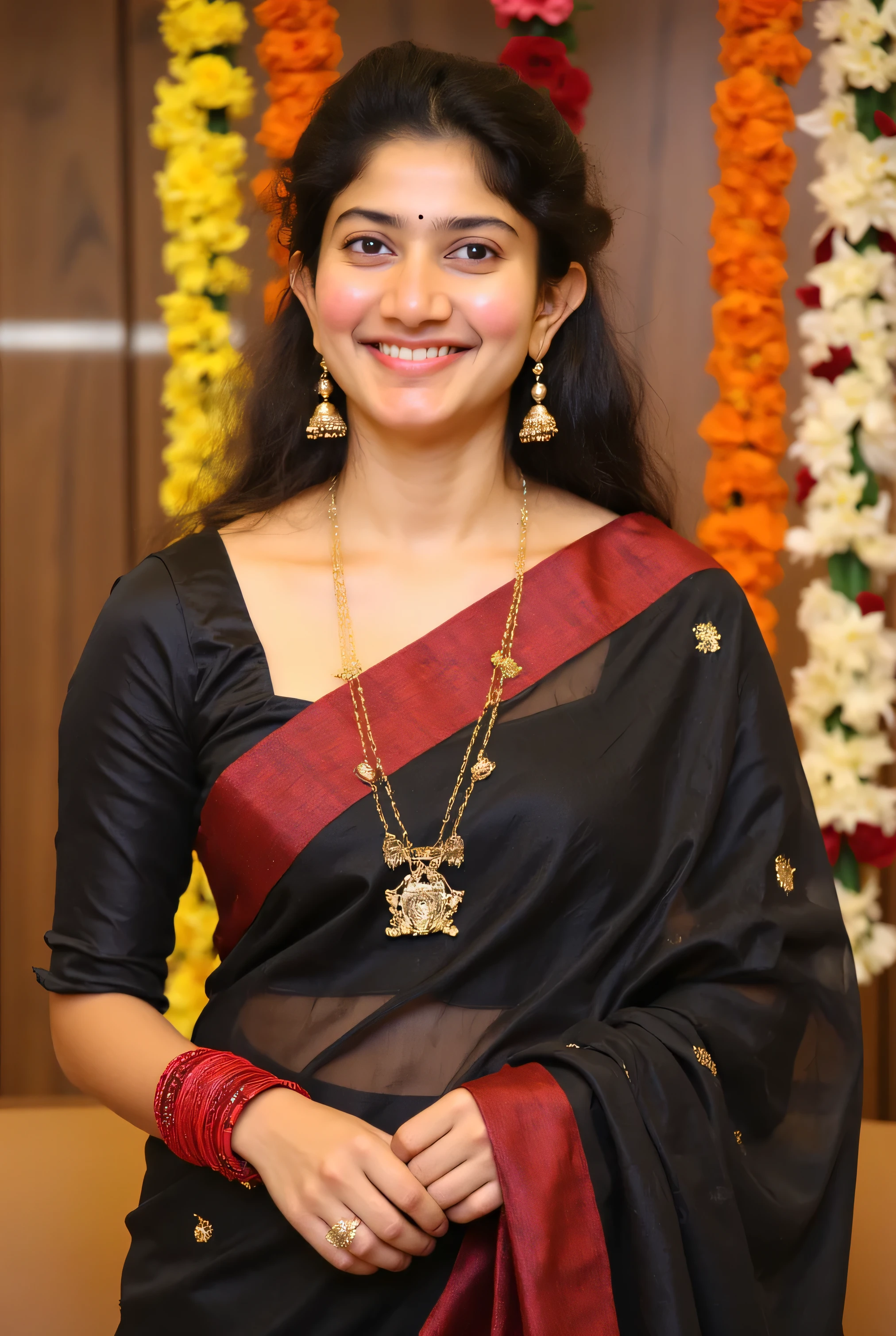 "Create a realistic 8k image of a traditional Indian woman dressed in an elegant black transparent saree with a rich red border, deep navel showing. She is adorned with traditional gold jewelry, including a necklace with pendants and matching earrings, and has jasmine flowers in her neatly tied hair. Her wrists are decorated with red glass bangles with a serene smile. The setting is a festive indoor environment with hanging flower garlands in the background, exuding a warm and celebratory atmosphere. The lighting is soft, highlighting her features and the intricate details of her attire."