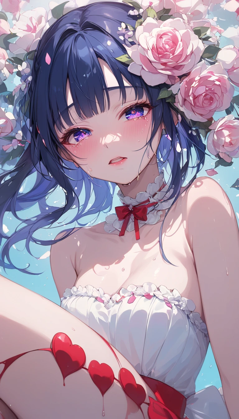 tmasterpiece、Need、1female、Blue cheongsam,Ancient style China、 White cloth bun bun bun、Shoulder leakage、The chest is large、chubbiness、ssmile、Black suspender tights、lace leggings、pale pink lip、hot springs,Pose in the water,(drenched all over the body),legs are open, 独奏, White polo shirt, looking at viewert, A high resolution,(Thigh thick:1.0),,ultra - detailed,tmasterpiece,Best quality at best,Yazawa Nico,red eyes, face flushed,Blunt hair,both hands on hip,greet,Flower headdreslack suspender tights,dance