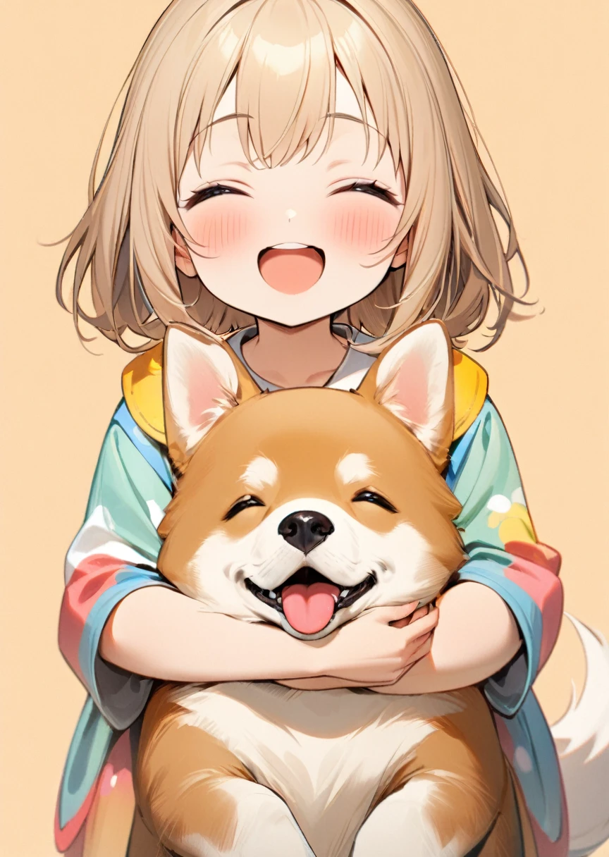 1girl, cute face, kindergarten, (closed eyes:1.1), open mouth, (happy mood:1.3), bright smile, hugging a cute dog, (simple background:1.3), vivid color, colorfull, (masterpiece:1.3), (best quality:1.2), anatomically correct, accurate,l2v