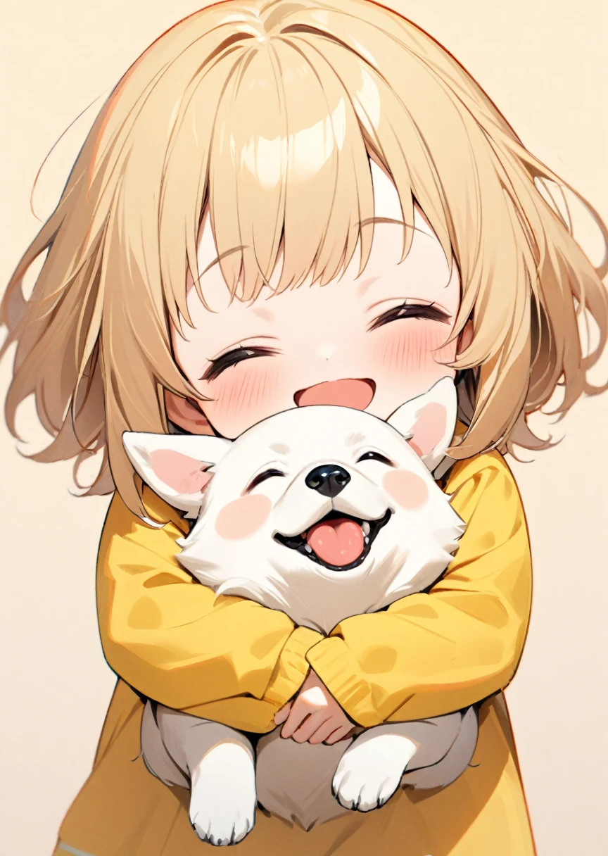 1girl, cute face, kindergarten, (closed eyes:1.1), open mouth, (happy mood:1.3), bright smile, hugging a cute dog, (simple background:1.3), vivid color, colorfull, (masterpiece:1.3), (best quality:1.2), anatomically correct, accurate,l2v