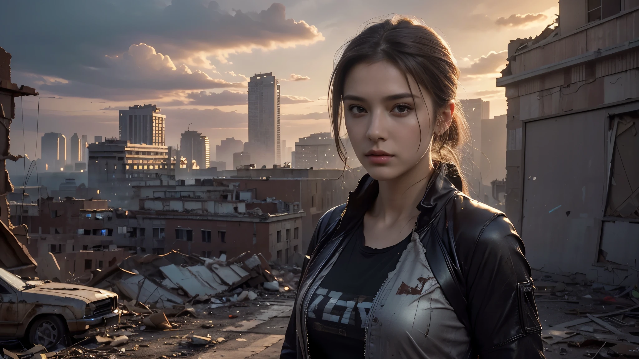 masterpiece, high res,8K,(Portrait Photos:1.5),(R Original Photo),Reality,Digital Photography,(Apocalyptic ruins ),City ruins，beautiful 20 year old woman，sentry， post-apocalyptic scene，Medium distance photography， broken clothes