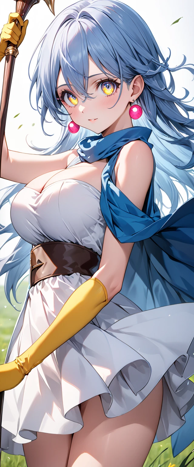 (perfect anatomy),  mastepiece、 Ultra High Quality、 8k、masterpiece、 best quality、 ultra high resolution、Maximum resolution、Very detailed、 professional lighting、anime、woman、thin、 Very Beautiful 、(((Highly detailed eyes)))、(((Very beautiful eyes)))、 very detailed face in light blue underwear、shape、sage_(dq3)、成人woman1名、( holding staff, cane:1.3)、Alone、Long Hair、 blue hair 、(( simple circle))、Red eyes、 Big Breasts 、yellow long gloves 、yellow gloves up to the upper arm 、 white dress、belt、Blue Cape、 boots、 pink earrings、 cleavage、 Exposes Your Shoulders 、whole body、Grass、Wind lift、 simple background、 beautiful face、Draw in detail, Summoning a scorching wind