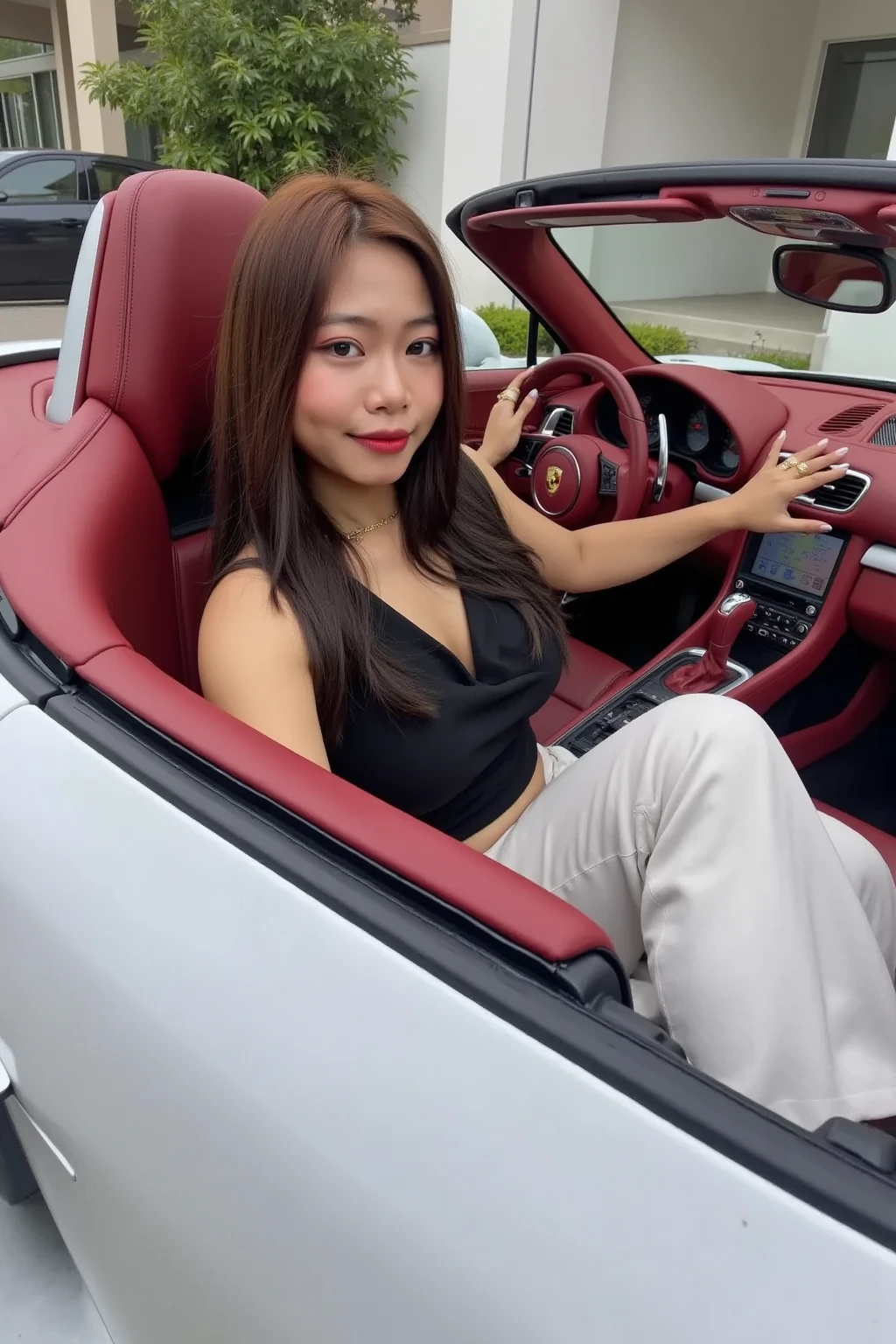 POV selfie 。Big Boobs。 wearing high-end fashion brand business attire。Sit in the main driver's seat of a white convertible Porsche 718。Red interior 、At the entrance of the luxury villa area 。