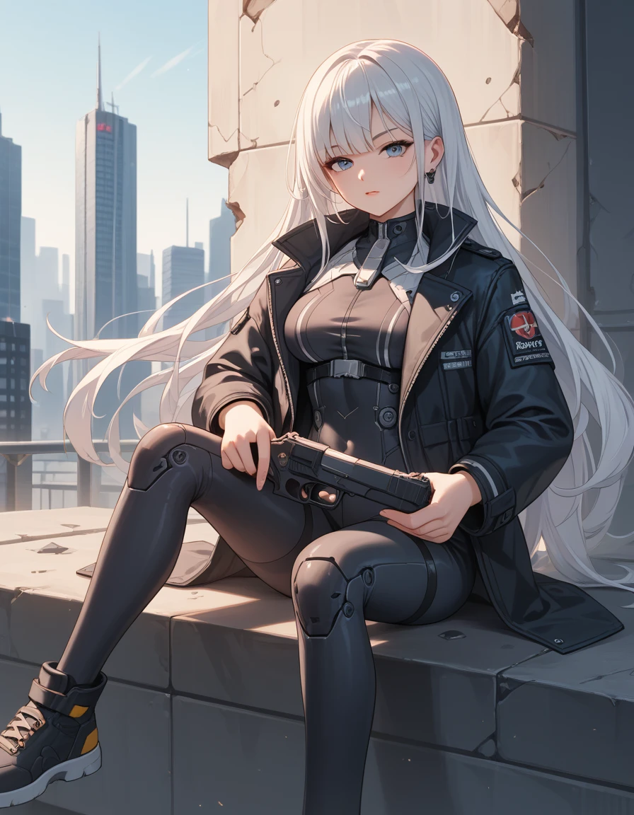 score_9, score_8_up, score_7_up, score_6_up, score_5_up, score_4_up, source_anime, BREAK, Long hair, one girl, Broken Future City Background, Sitting on Broken Robots, Carries a Future Pistol, Sexiness, black jacket