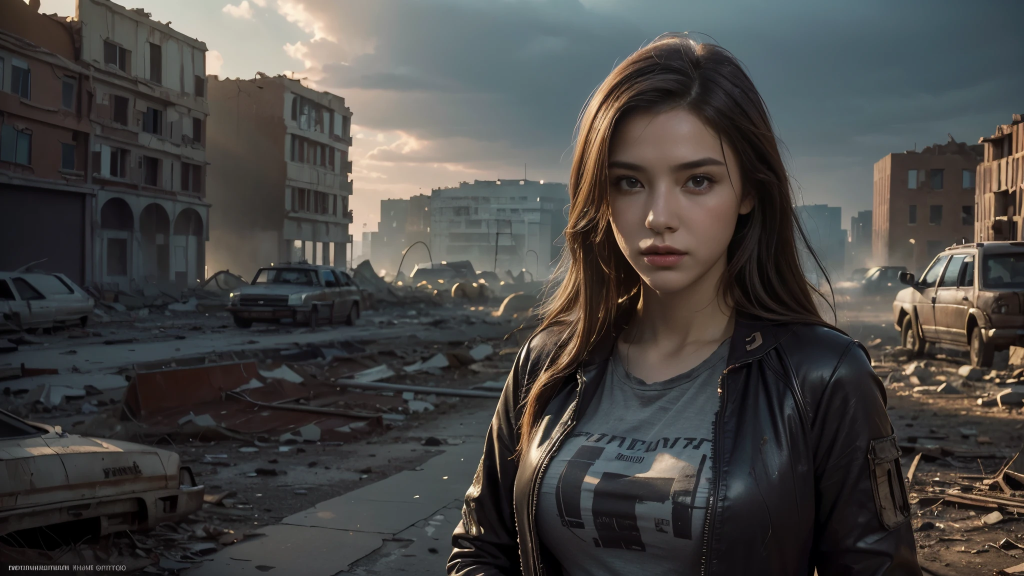 masterpiece, high res,8K,(Portrait Photos:1.5),(R Original Photo),Reality,Digital Photography,(Apocalyptic ruins ),City ruins，beautiful 20 year old woman，sentry， post-apocalyptic scene，Medium distance photography， broken clothes