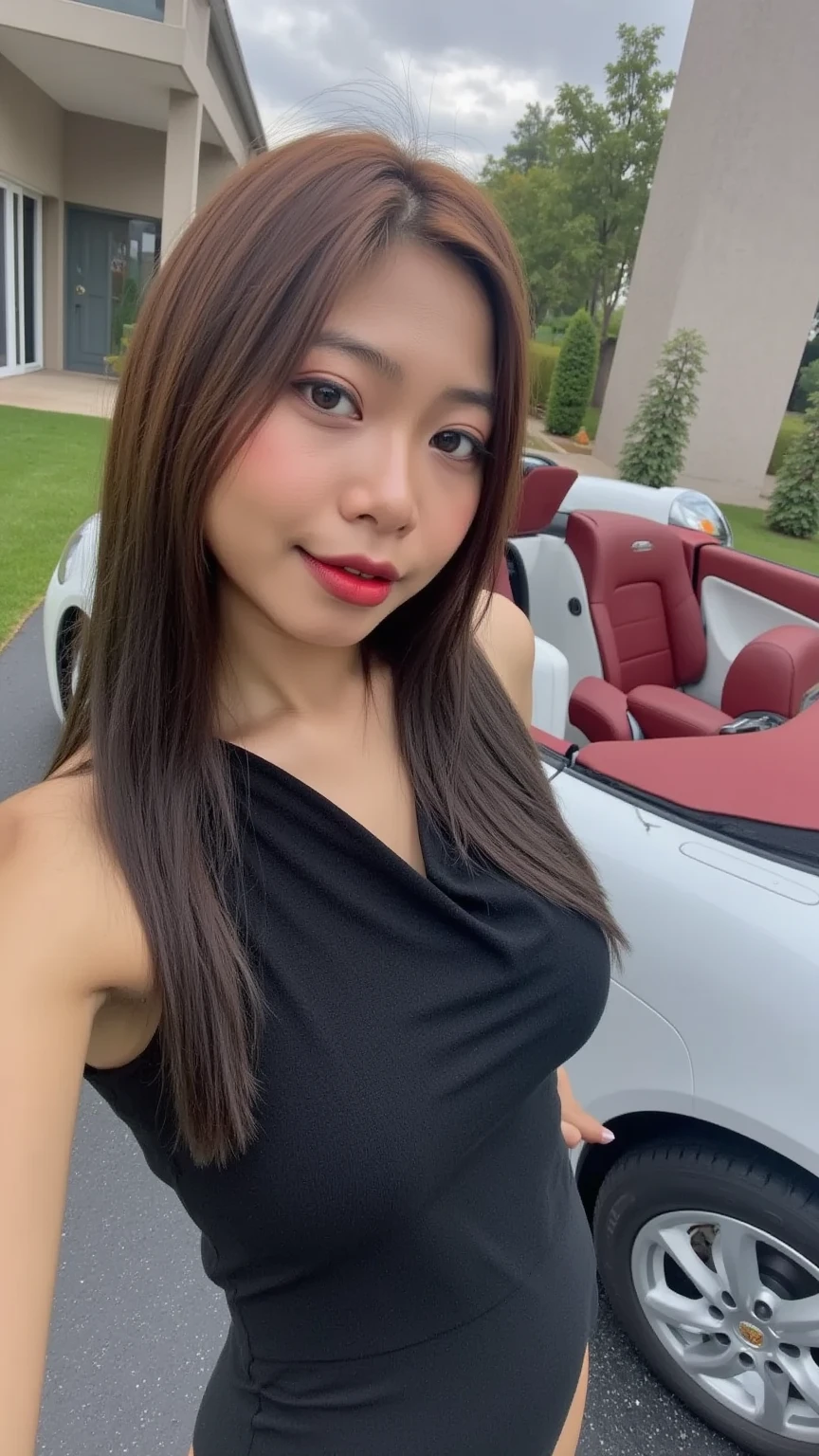 POV selfie 。Big Boobs。 wearing high-end fashion brand business attire。Sit in the main driver's seat of a white convertible Porsche 718。Red interior 、At the entrance of the luxury villa area 。