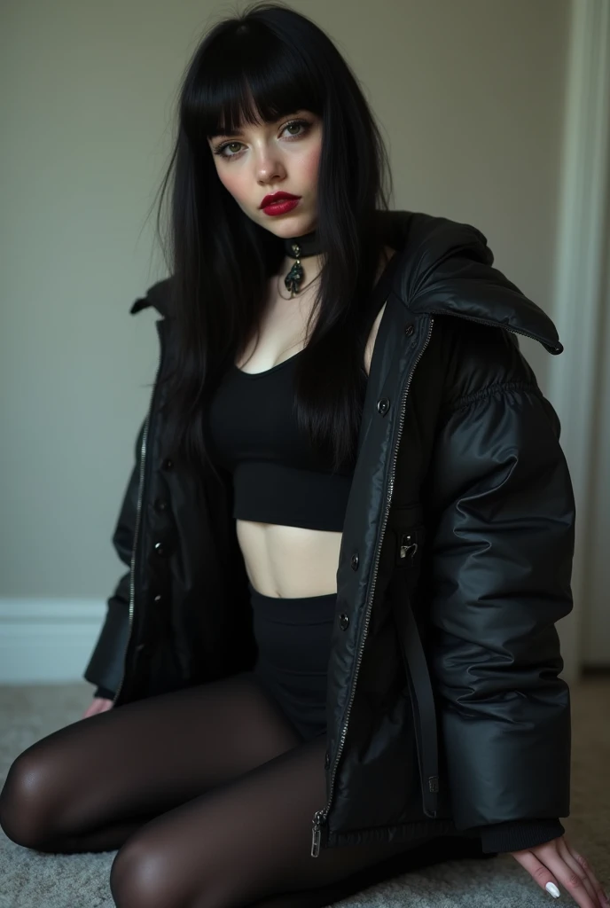 score_9, score_8_up, score_7_up, score_6_up, score_5_up, score_4_up, realistic style, photo, photorealistic, high detail, (sharp), BRAKE, beautiful girl, goth, black hair, makeup, thick lips, black lipstick, gothic makeup, seductive figure, firm breasts, black hoodie, cleavage, black miniskirt, black knee socks, stands by brick wall, looks at viewer, seductive pose, (against dark alley background), (night, dark)