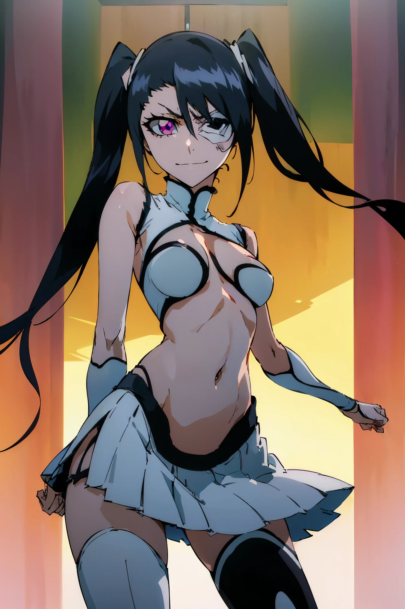 ( best quality、masterpiece:1.2, mature woman),solo, Long Hair, white miniskirt , black hair, black thigh high boots, belly button, twin tails, flat chested, pleated skirt, absolute domain, Eye patch, Center open, abdomen, , purple eye wrecking (Savage look、Lewd smile)